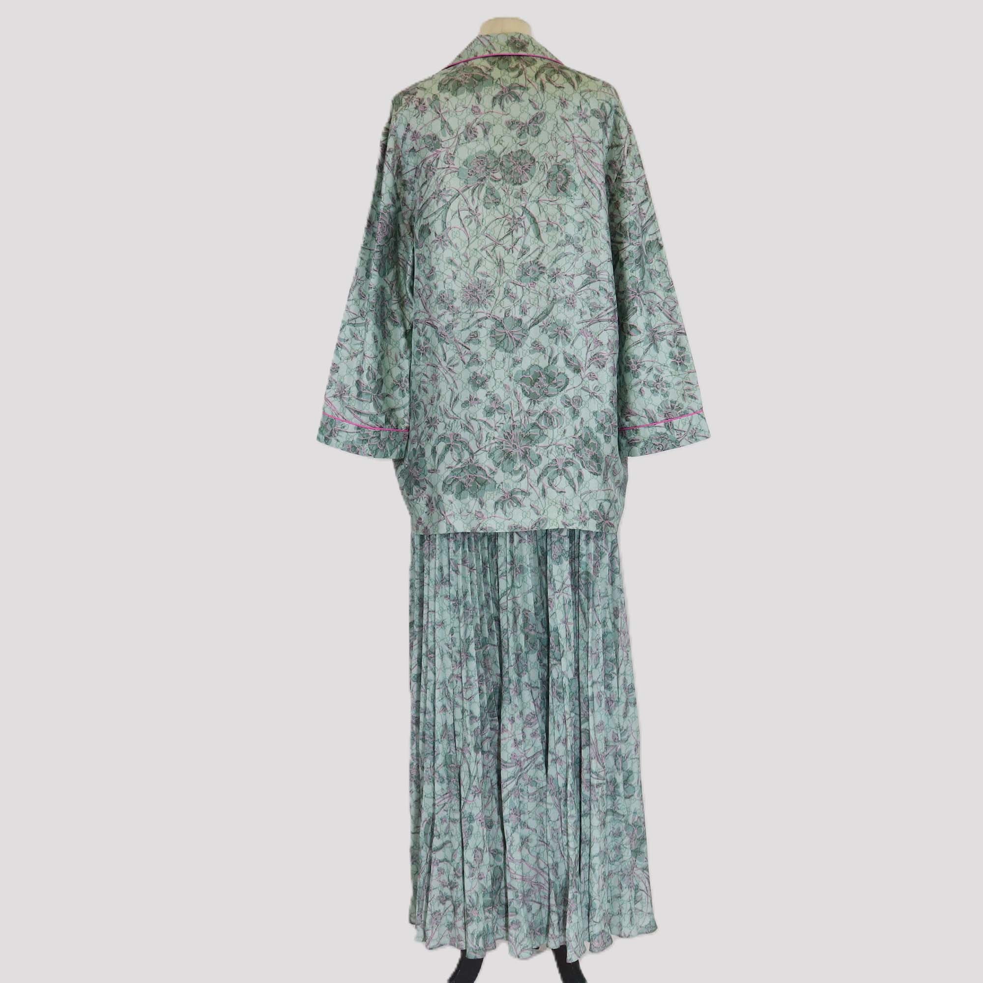 Gucci Pink/Green Silk Floral GG Print Long Sleeve Shirt and Skirt Set