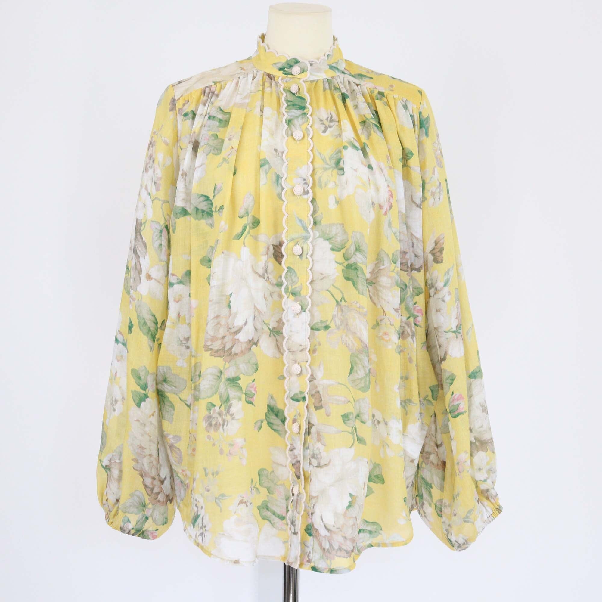 Zimmermann Yellow Floral Print Mandarin Collar Acacia Scallop Long Sleeve Blouse Womens Zimmermann 