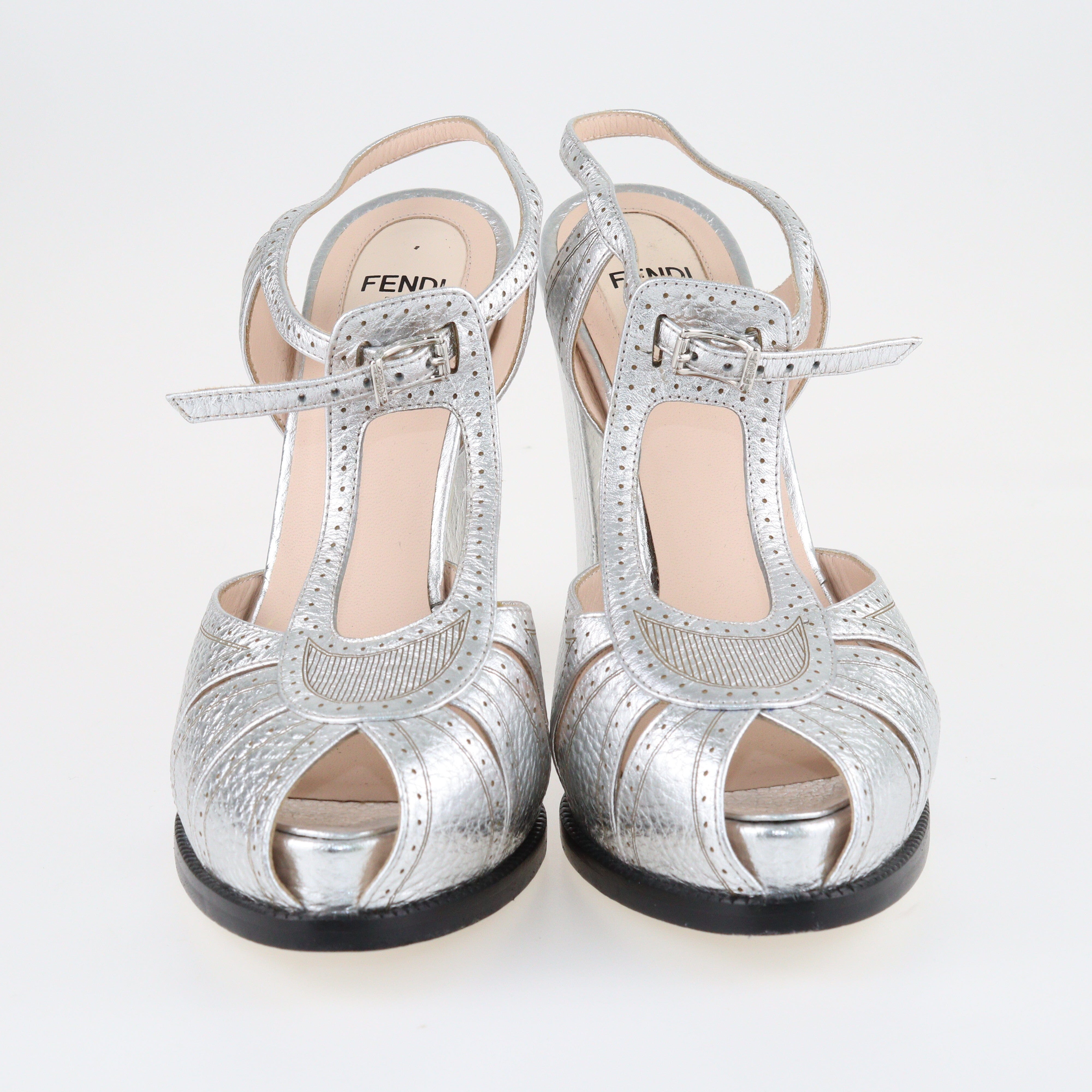 Silver Chameleon Block Heel Sandals Shoes Fendi 