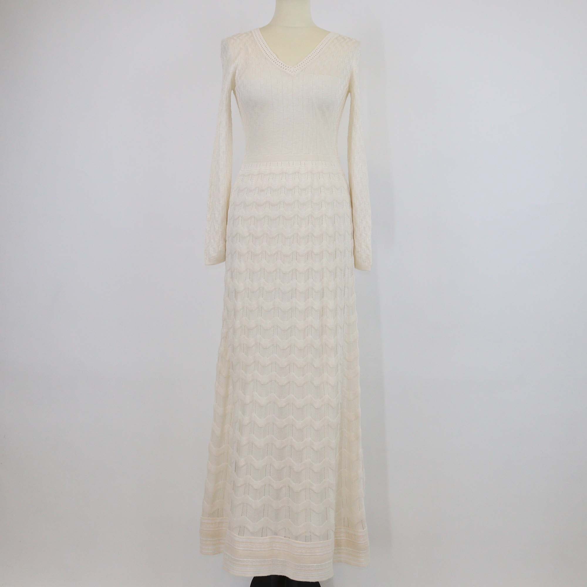 M Missoni Cream Wool Knit Zig Zag Wave Long Sleeve Maxi Dress