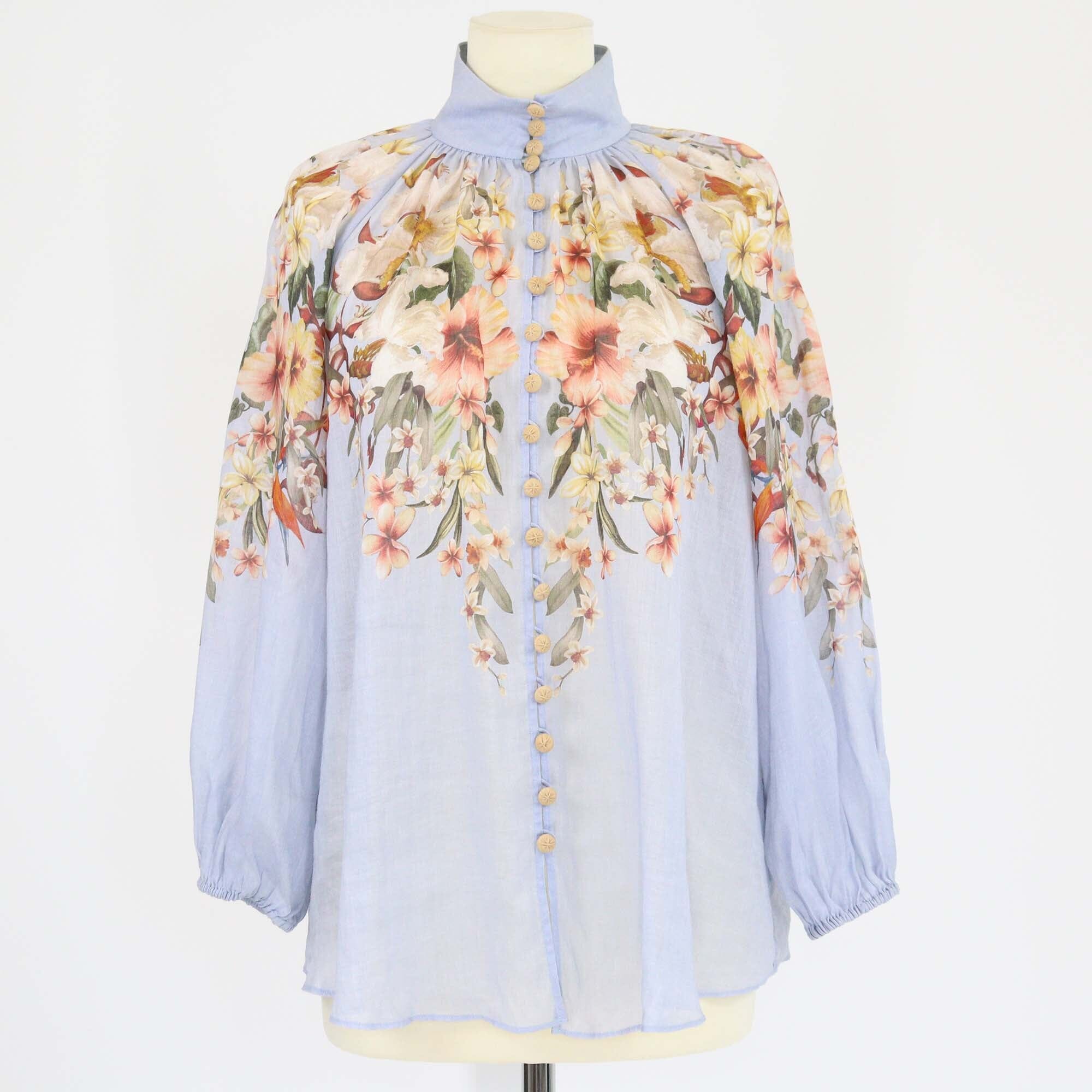 Zimmermann Blue Lexi Floral Print Stand Collar Long Sleeve Blouse Womens Zimmermann 