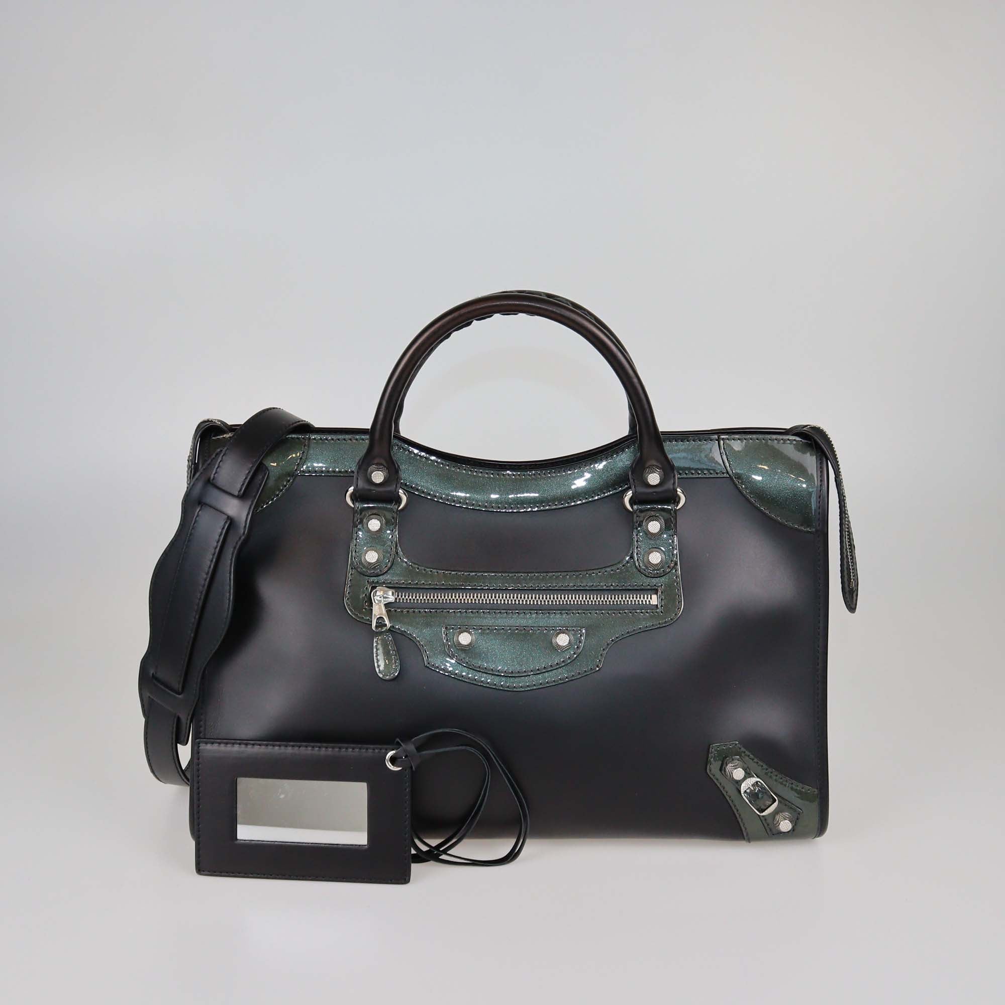 Balenciaga Black/Green Matte Leather and Patent Classic City Bag