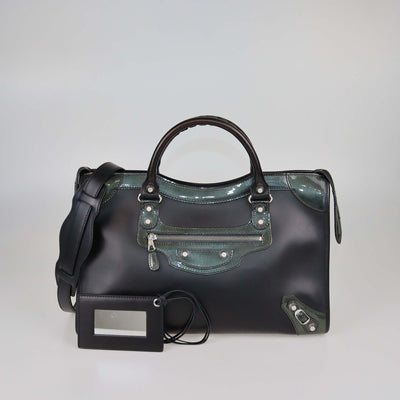 Balenciaga Black/Green Matte Leather and Patent Classic City Bag