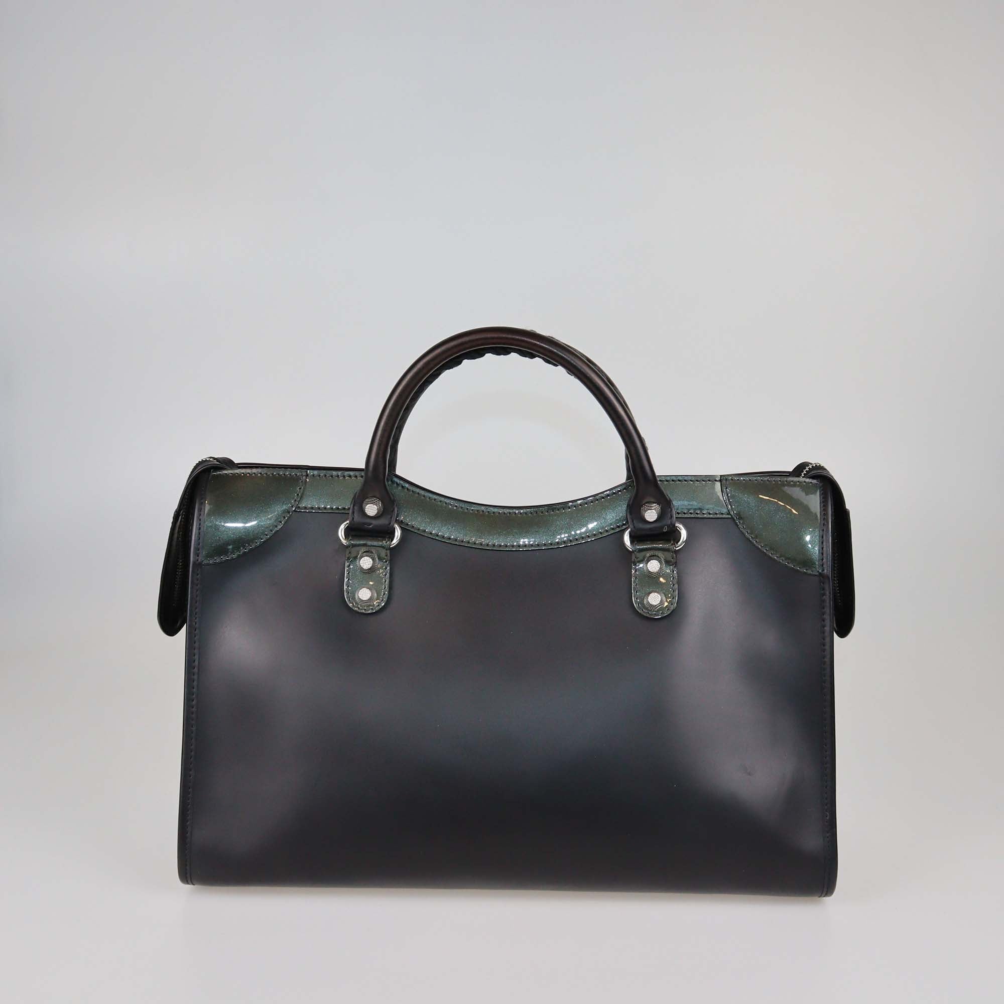 Balenciaga Black/Green Matte Leather and Patent Classic City Bag