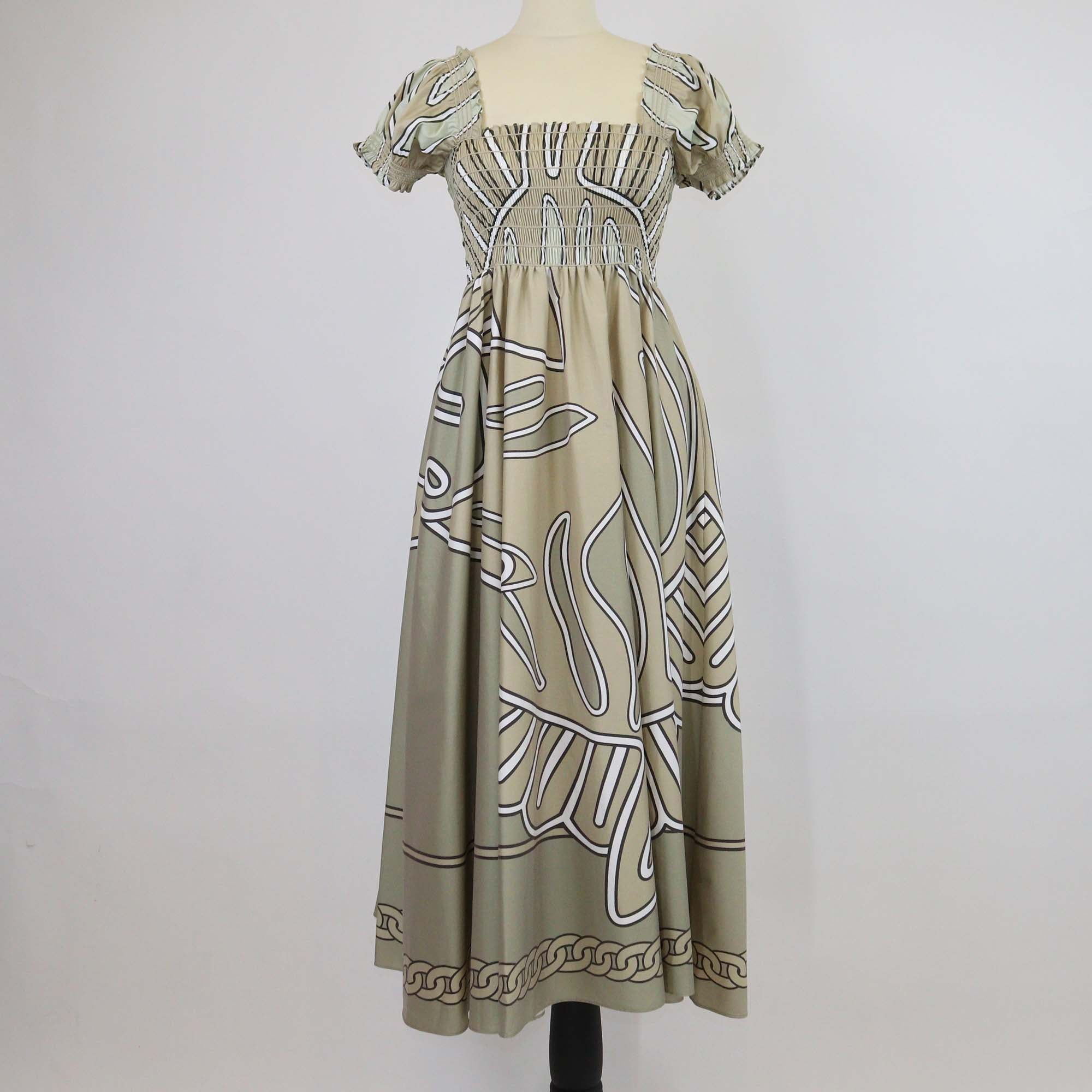 Tory Burch Beige Blend Cotton Smocked Print Midi Dress