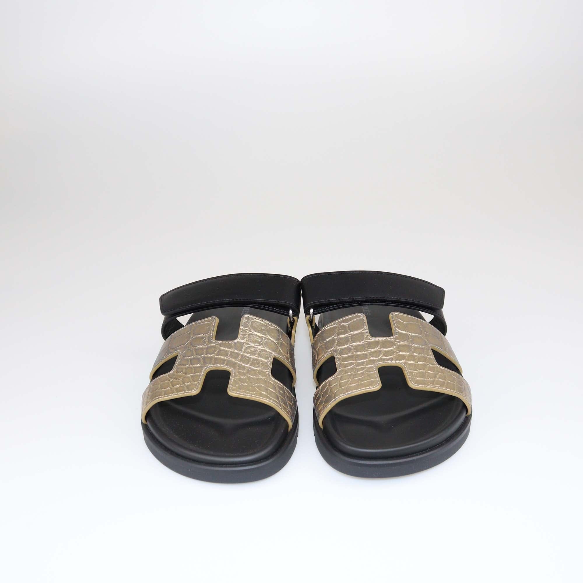 Hermes Gold/Black Alligator Chypre Flat Sandals Shoes Hermes 