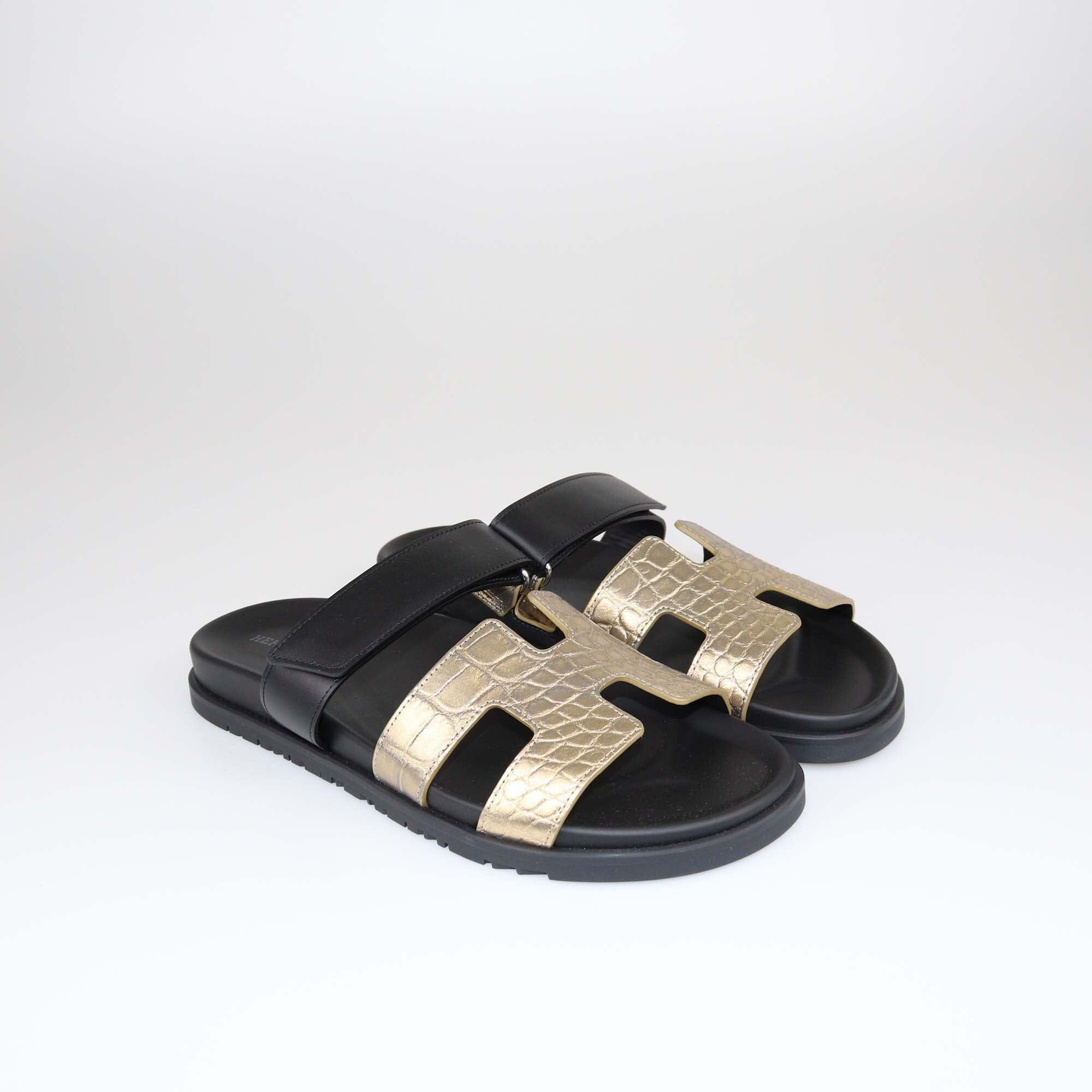 Hermes Gold/Black Alligator Chypre Flat Sandals Shoes Hermes 