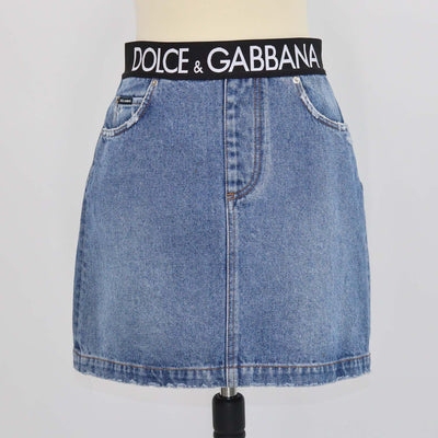 Dolce & Gabbana Blue Denim Logo Waistband Distressed Skirt