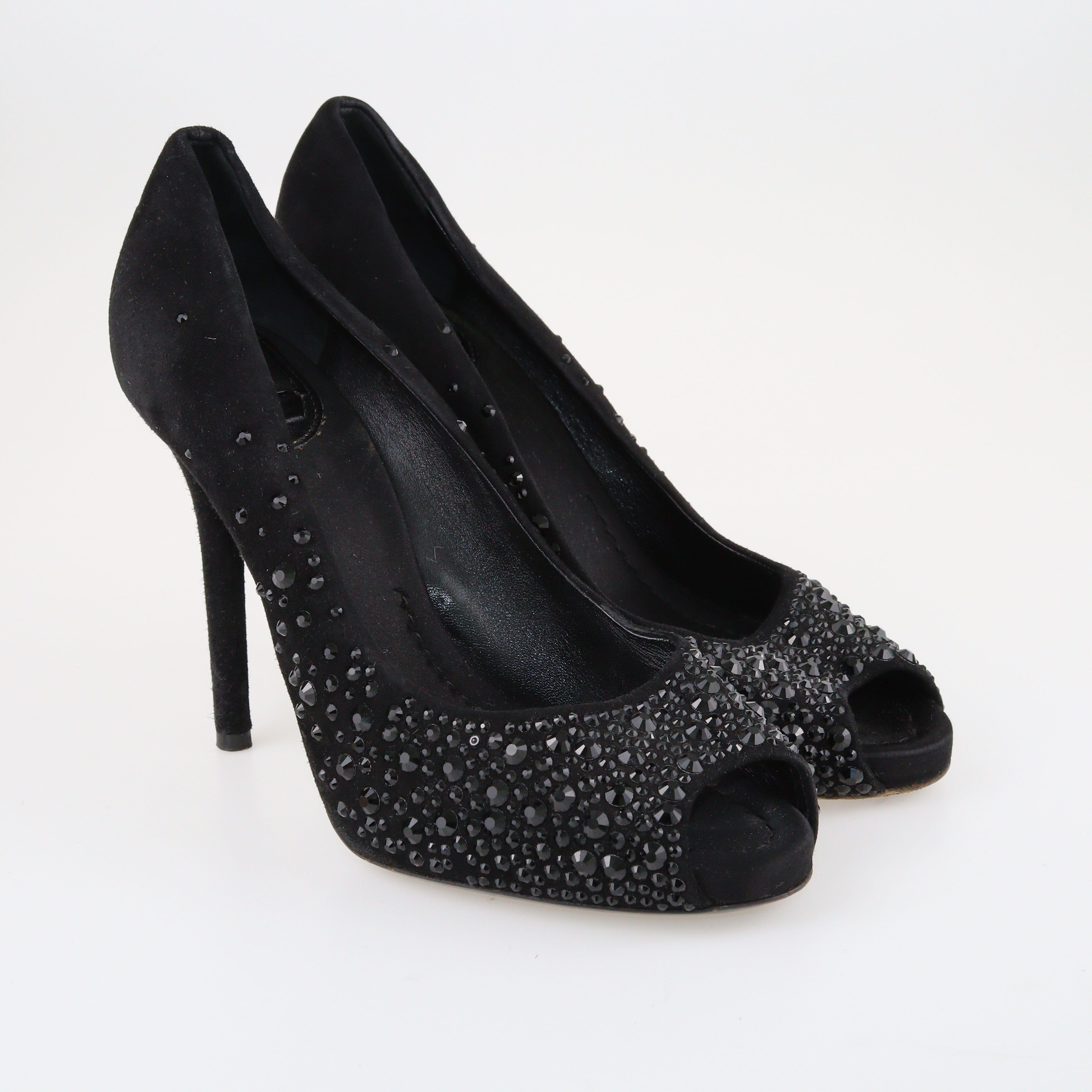 Black Crystal Embellished Peep Toe Pumps Shoes Dolce & Gabbana 