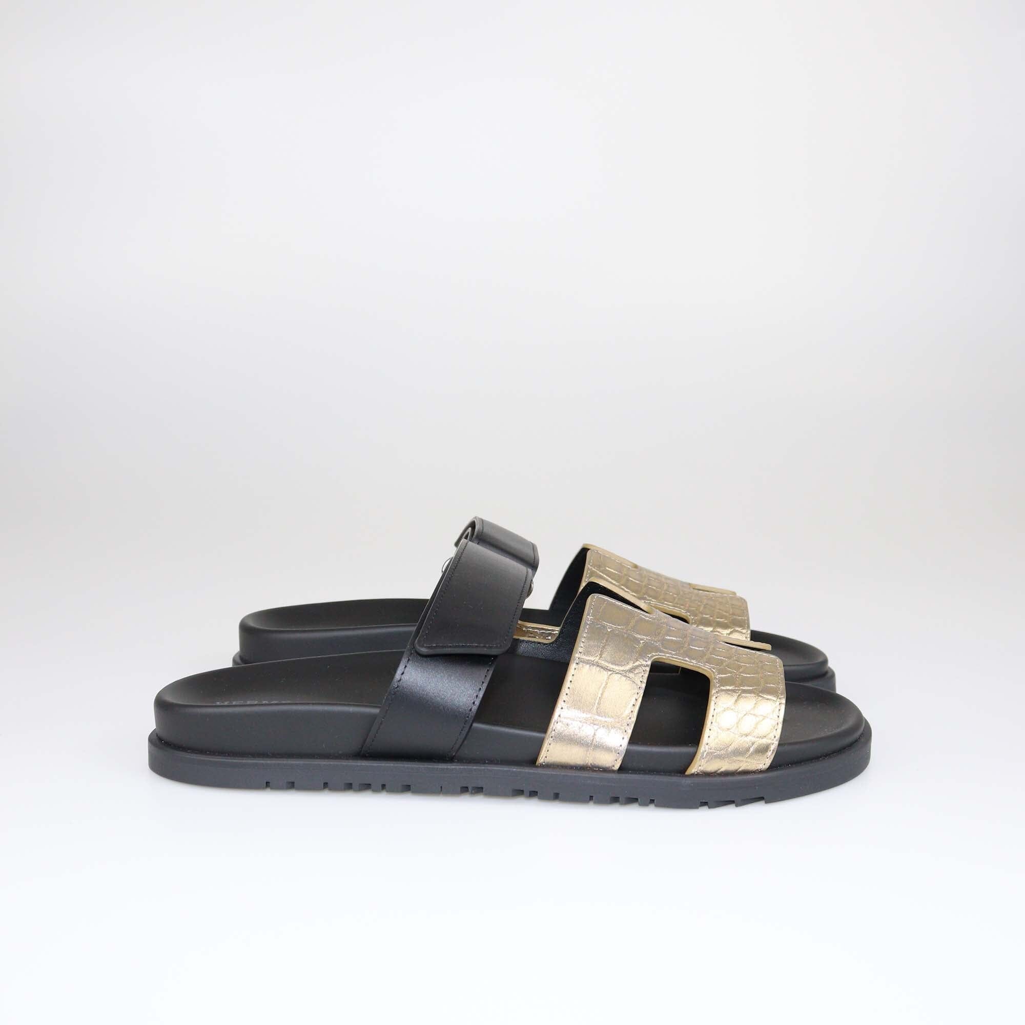 Hermes Gold/Black Alligator Chypre Flat Sandals Shoes Hermes 