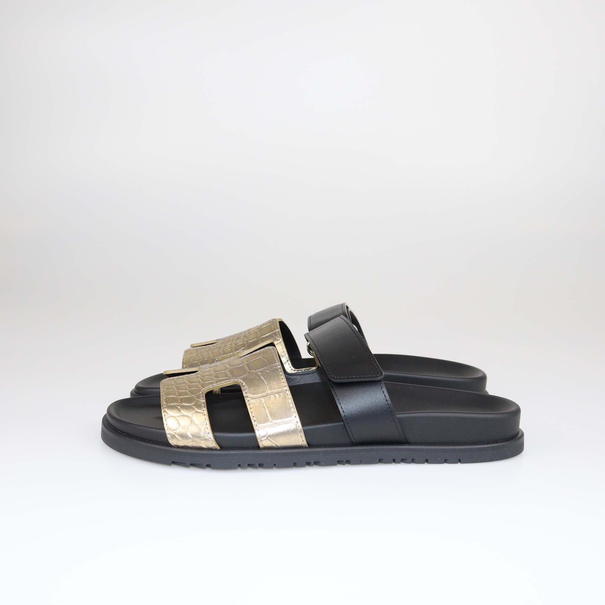 Hermes Gold/Black Alligator Chypre Flat Sandals Shoes Hermes 