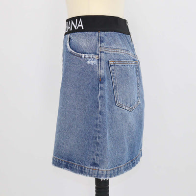 Dolce & Gabbana Blue Denim Logo Waistband Distressed Skirt