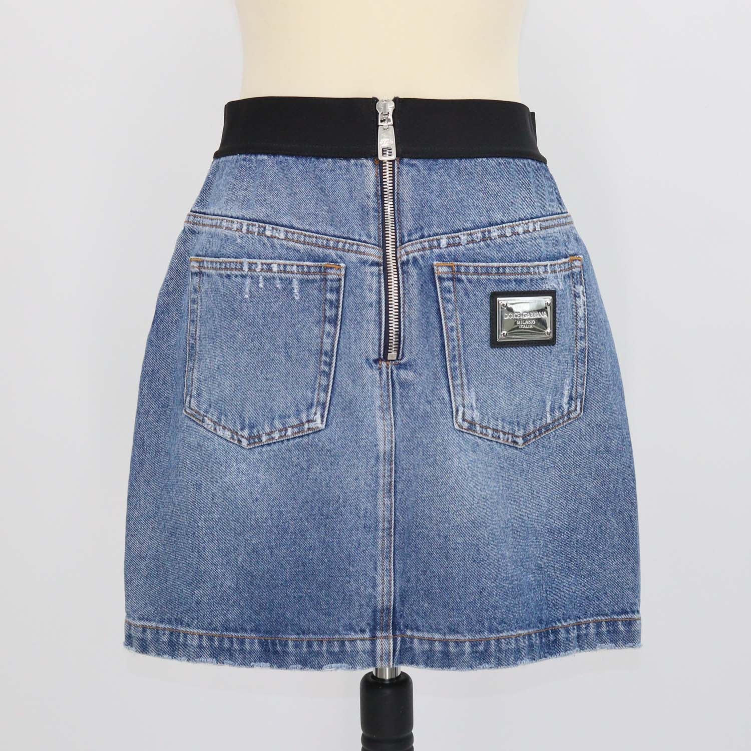 Dolce & Gabbana Blue Denim Logo Waistband Distressed Skirt