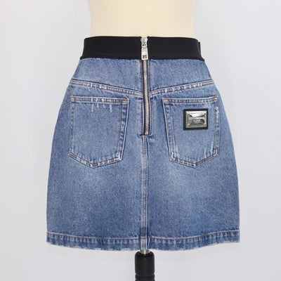 Dolce & Gabbana Blue Denim Logo Waistband Distressed Skirt