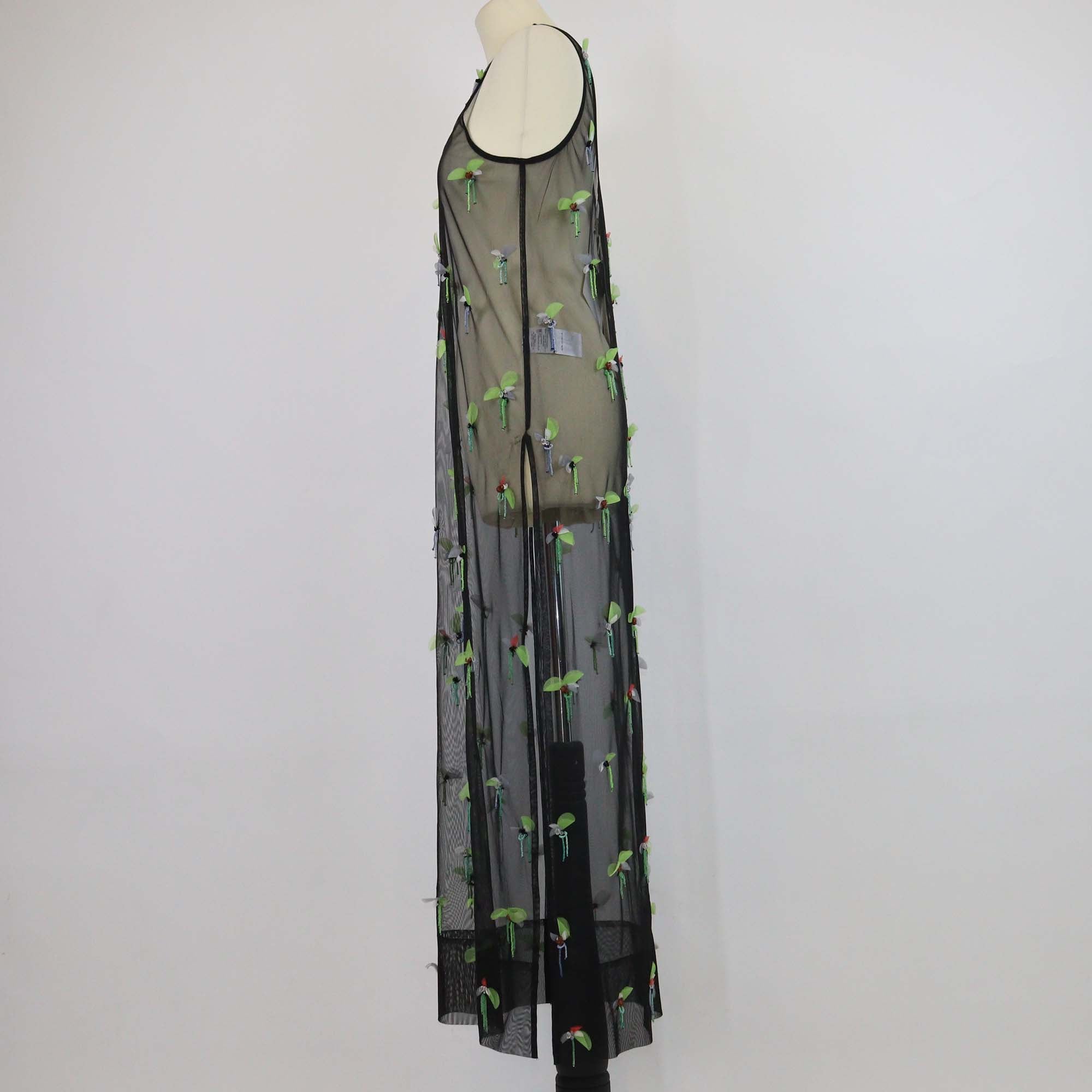 Ganni Black Mesh Beaded Applique Midi Dress