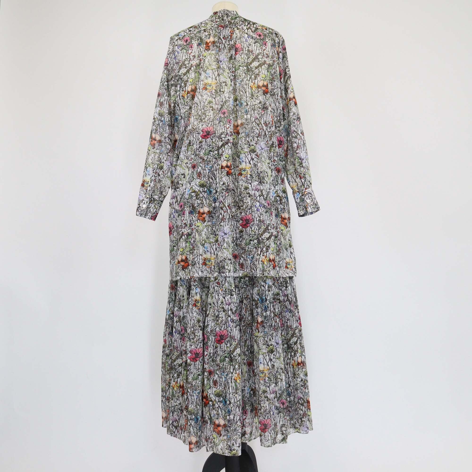 Christian Dior Multicolor Flowers Calendar Allover Motif Long Sleeve Tunic & Pleated Midi Skirt Set Womens Christian Dior 