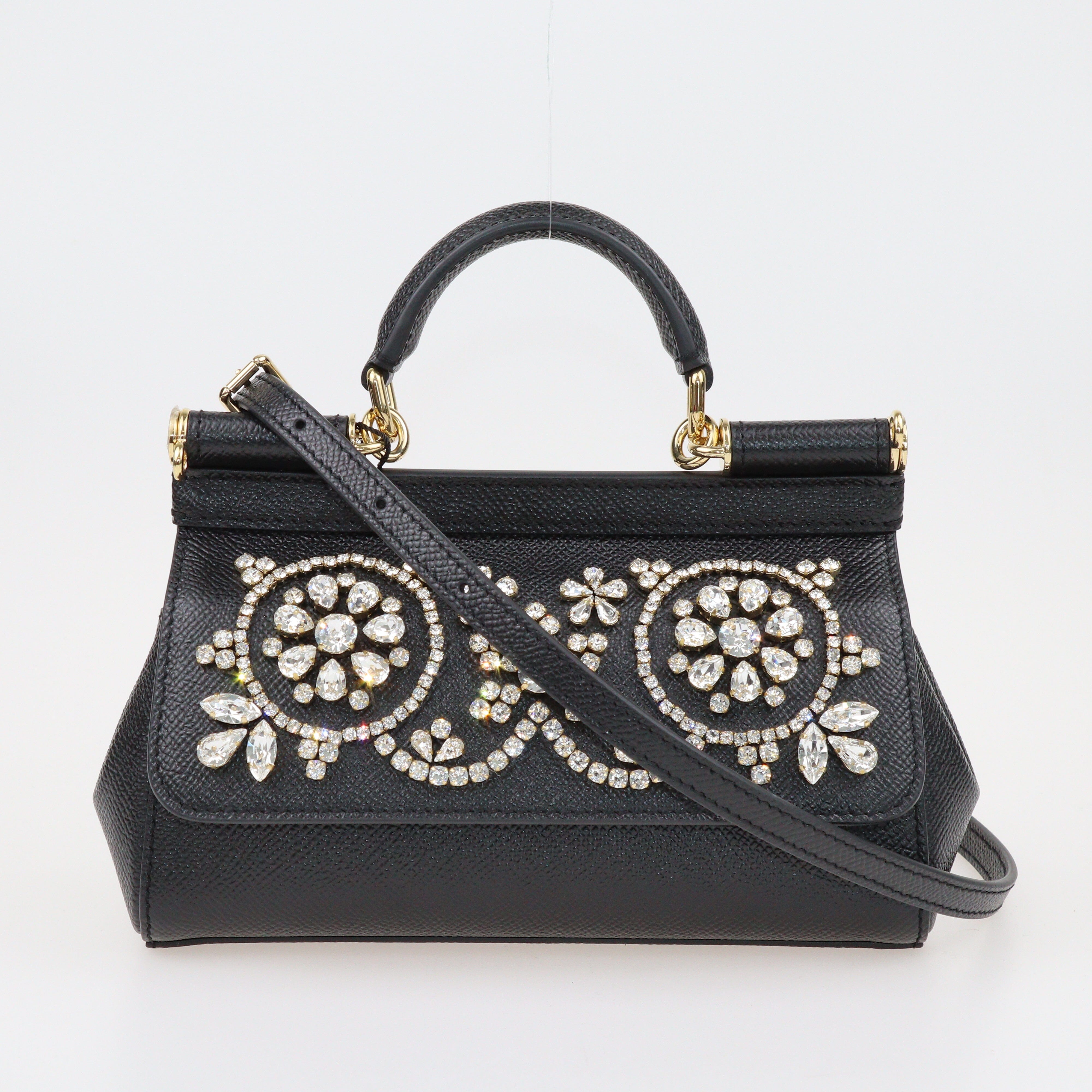 Black Crystal Embellished Small Miss Sicily Top Handle Bag Bags Dolce & Gabbana 