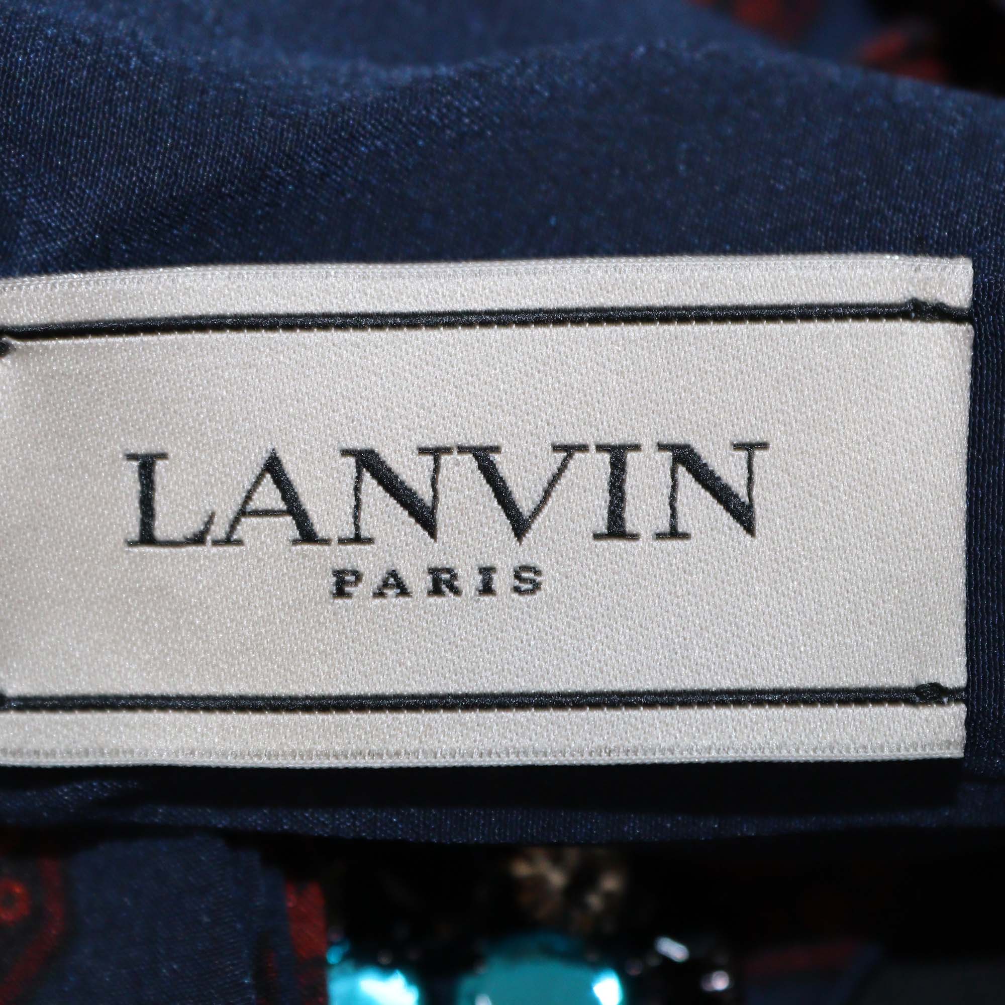 Lanvin Navy Blue/Red Silk Crystal Embellishment Silk Scarf