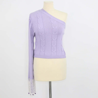 Izaak Azanei Purple Blend Wool Embellished Single Shoulder Sleeve Top