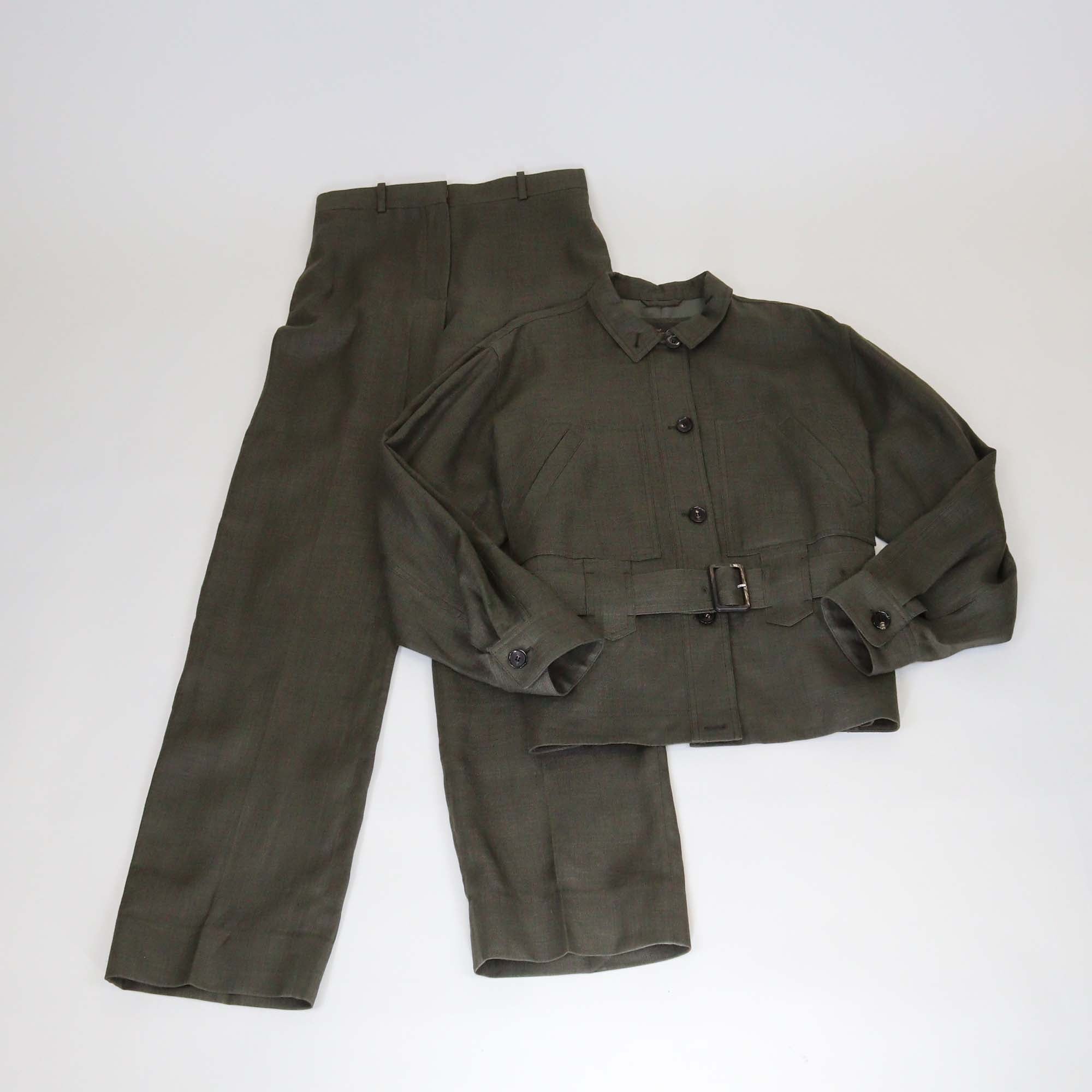 Loro Piana Dark Grey Linen Wool Blend Jaylon Belted Jacket & Trouser Set