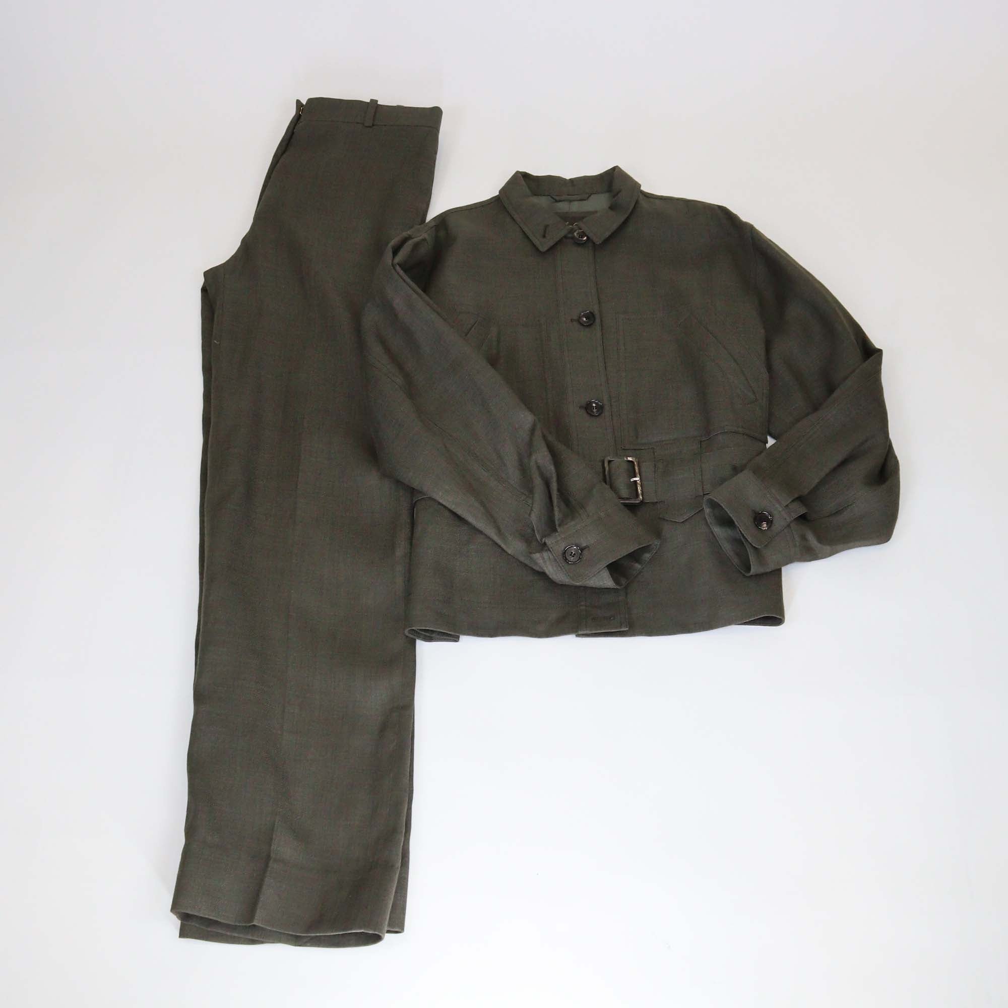 Loro Piana Dark Grey Linen Wool Blend Jaylon Belted Jacket & Trouser Set