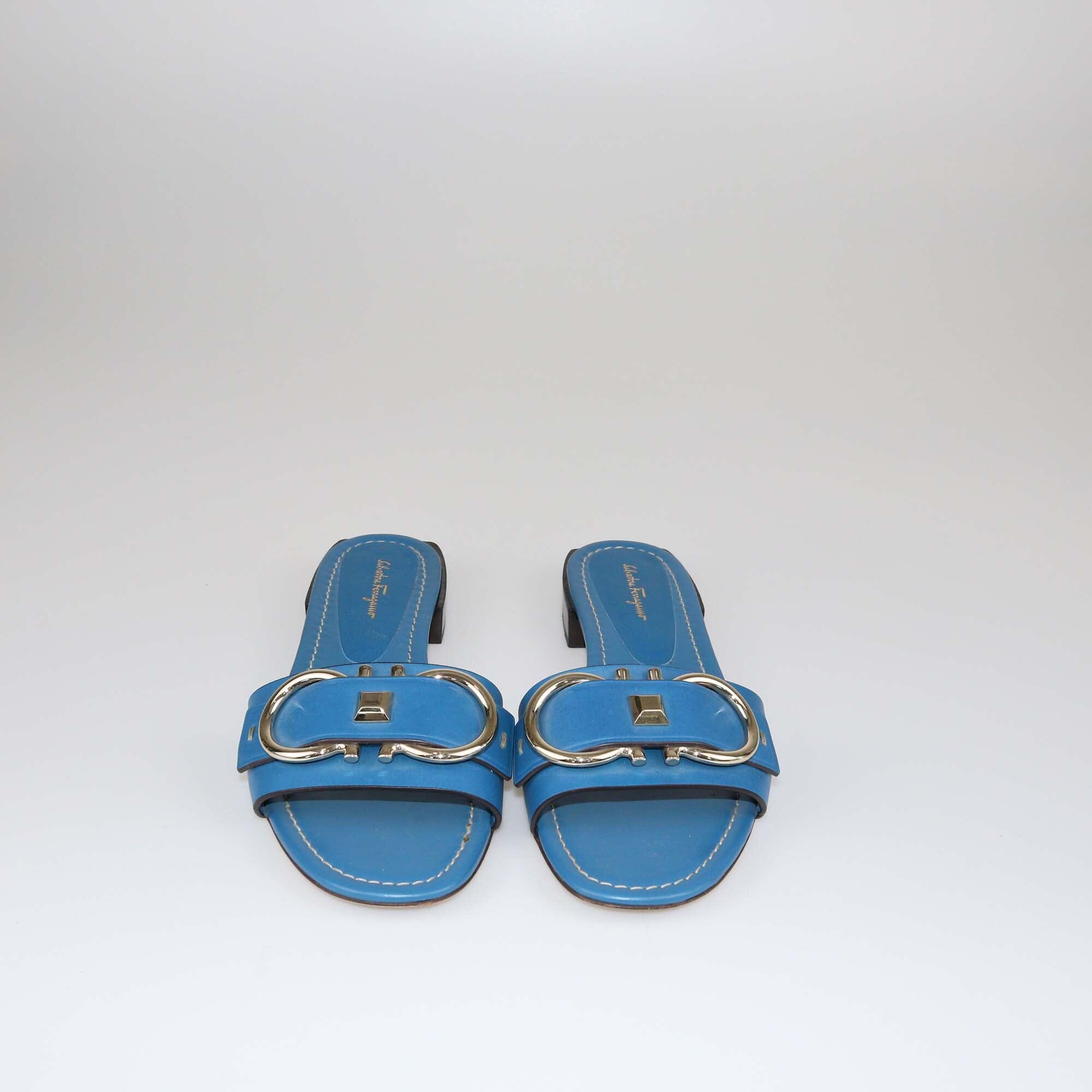 Salvatore Ferragamo Blue Gancini Slides Shoes Salvatore Ferragamo 