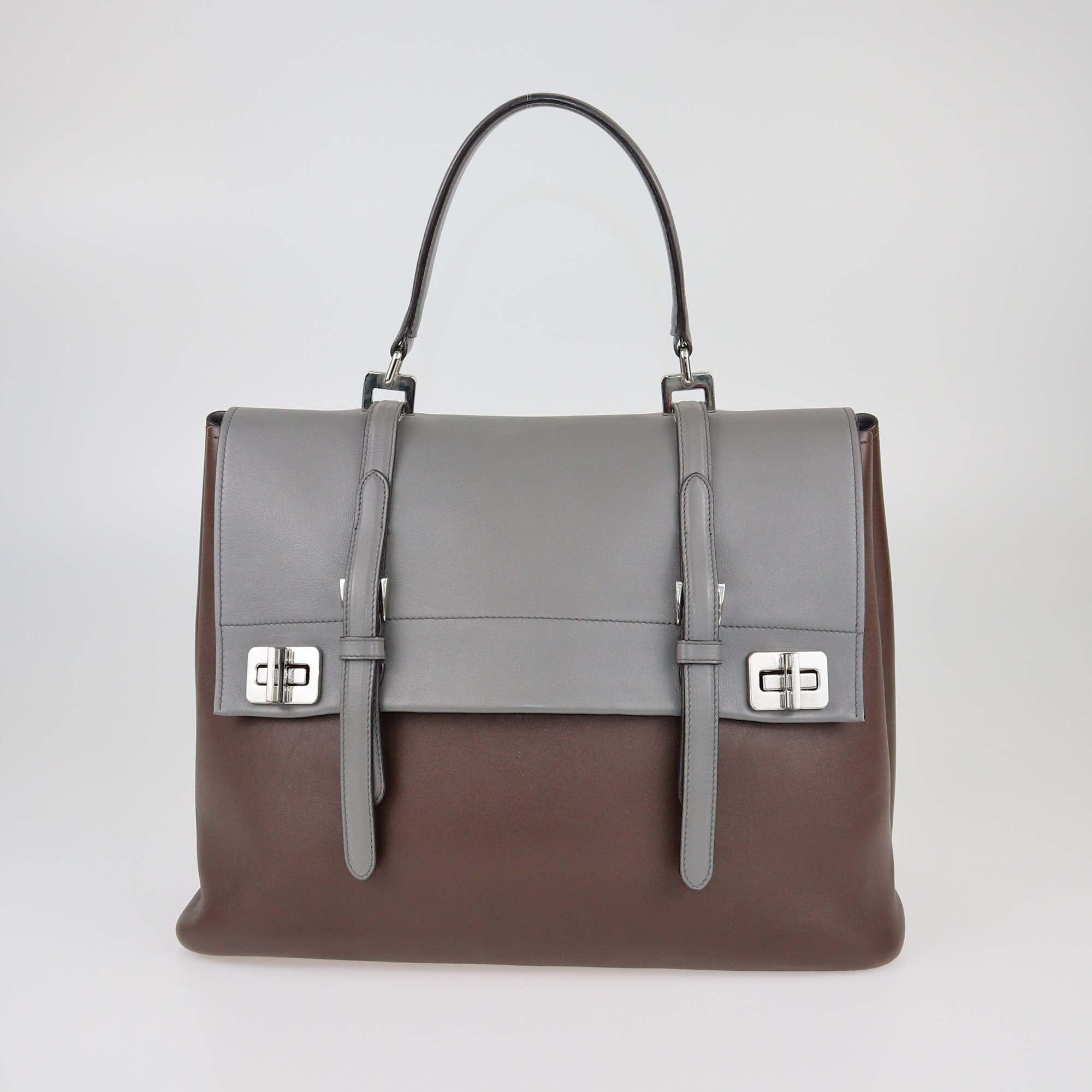 Prada Grey/Cacao Double Turn Lock Top Handle Bag Womens Prada 