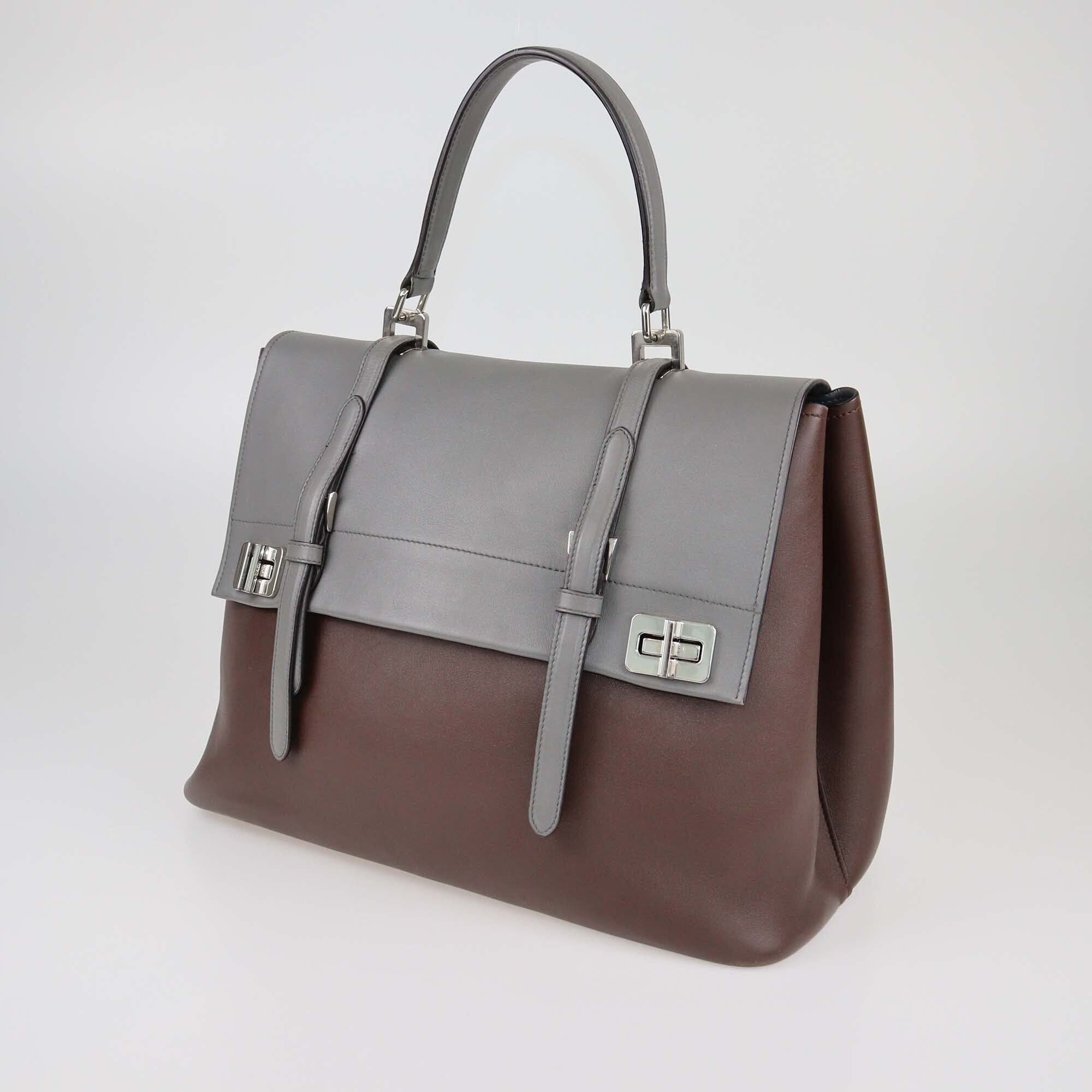 Prada Grey/Cacao Double Turn Lock Top Handle Bag Womens Prada 