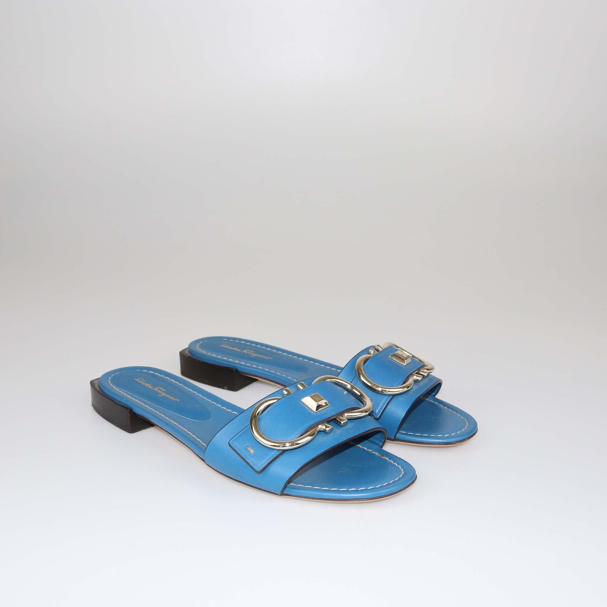 Salvatore Ferragamo Blue Gancini Slides Shoes Salvatore Ferragamo 