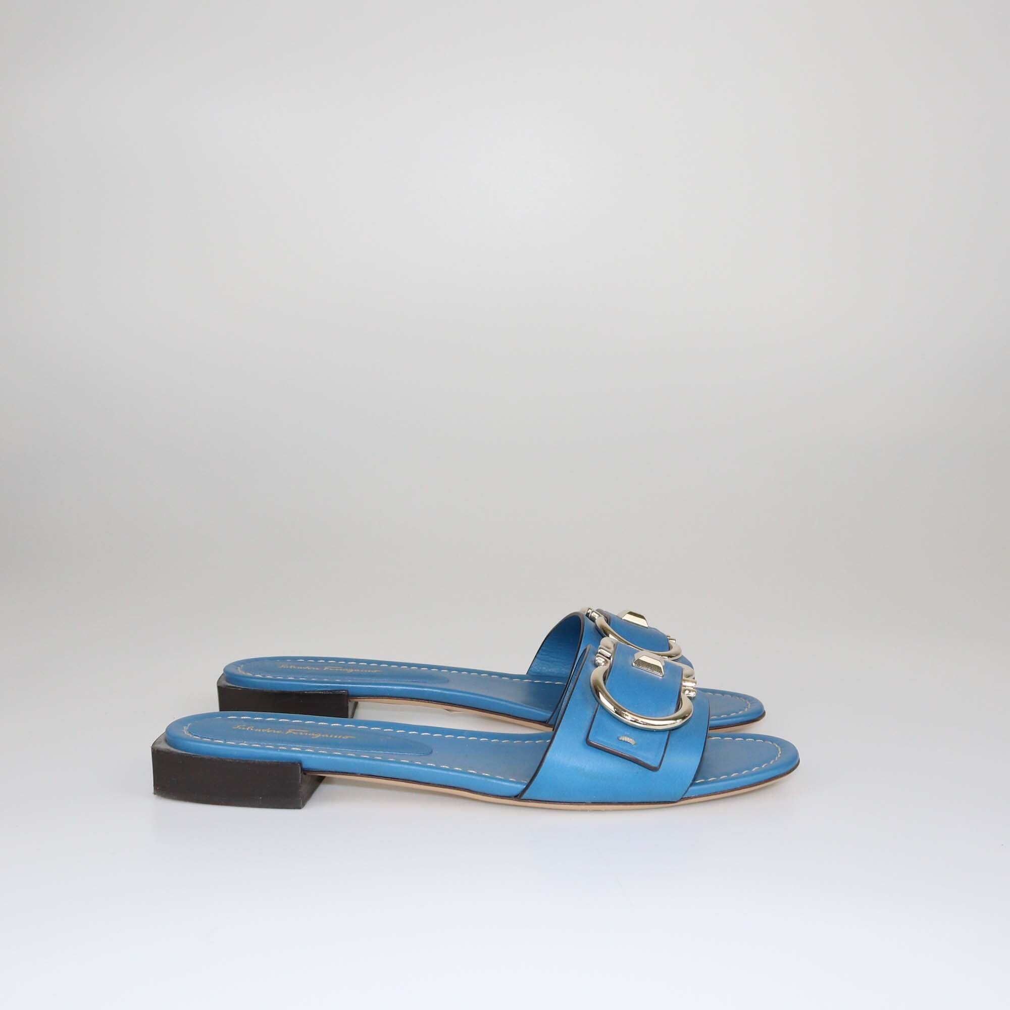 Salvatore Ferragamo Blue Gancini Slides Shoes Salvatore Ferragamo 