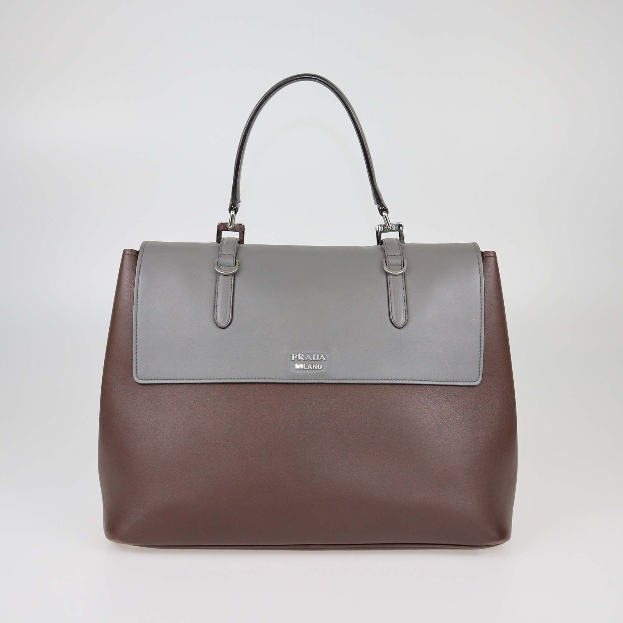 Prada Grey/Cacao Double Turn Lock Top Handle Bag Womens Prada 