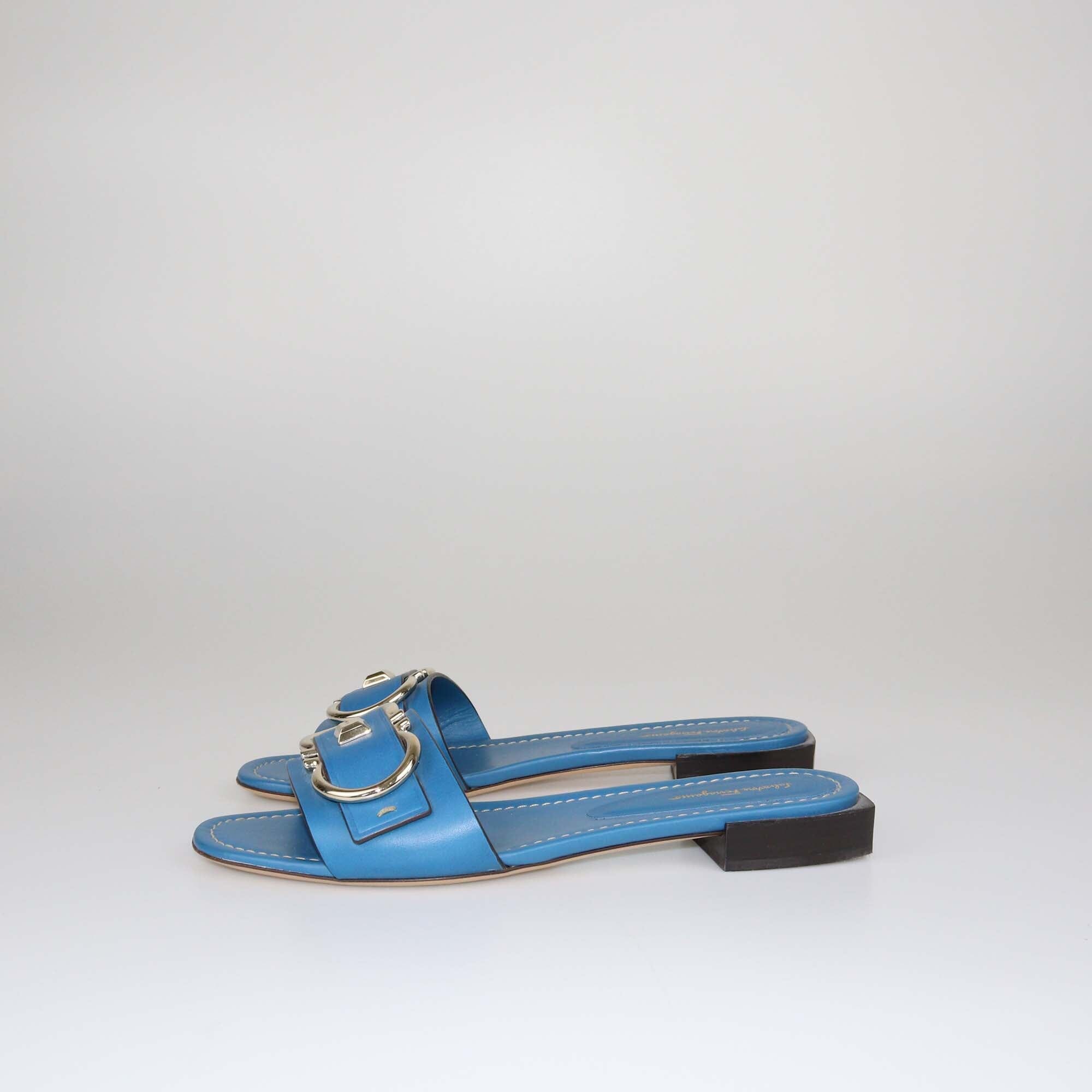 Salvatore Ferragamo Blue Gancini Slides Shoes Salvatore Ferragamo 