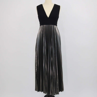 A.L.C. Black/Metallic Grey Blend Viscose Pleated Emilia Sleeveless Maxi Dress