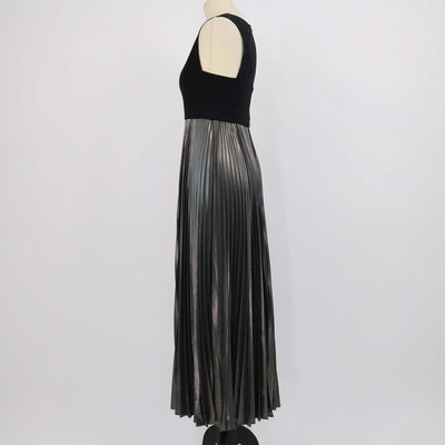 A.L.C. Black/Metallic Grey Blend Viscose Pleated Emilia Sleeveless Maxi Dress
