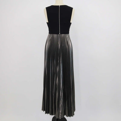 A.L.C. Black/Metallic Grey Blend Viscose Pleated Emilia Sleeveless Maxi Dress