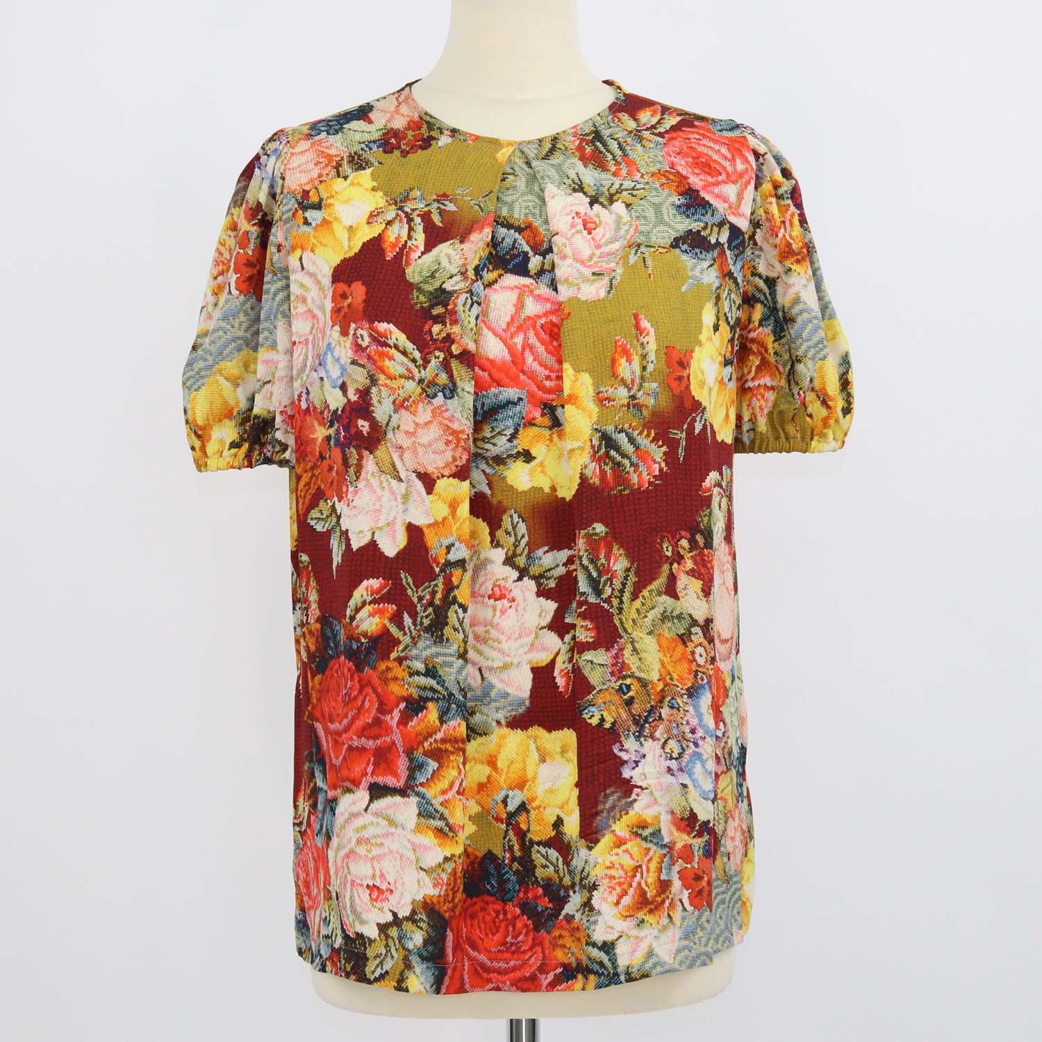 Dolce & Gabbana Multicolor Blend Silk Pixel Floral Short Sleeve Top