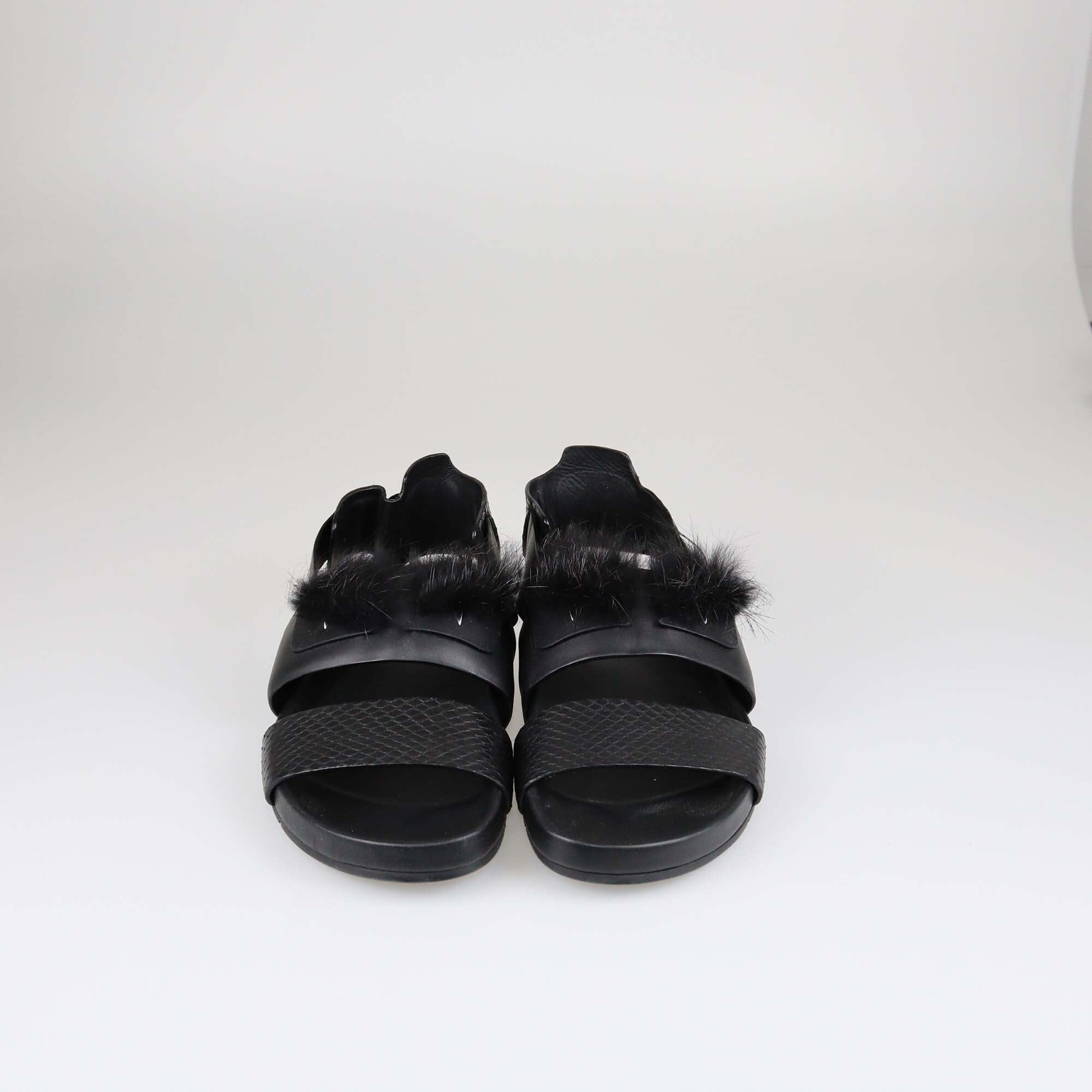 Fendi Black Fur Slingback Flat Sandals Shoes Fendi 