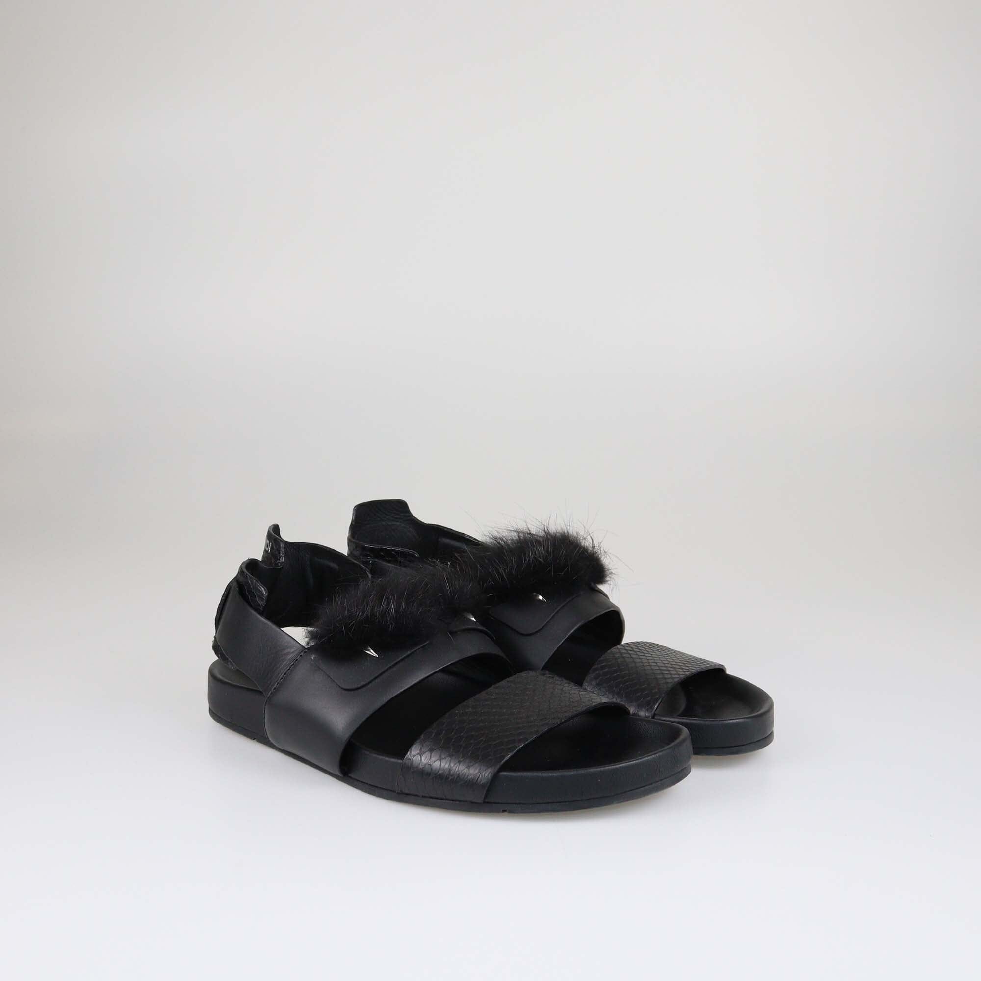 Fendi Black Fur Slingback Flat Sandals Shoes Fendi 