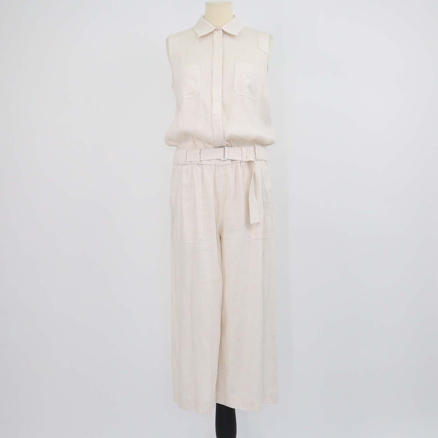 Vince Ivory Blend Linen Sleeveless Belted Jumpsuit