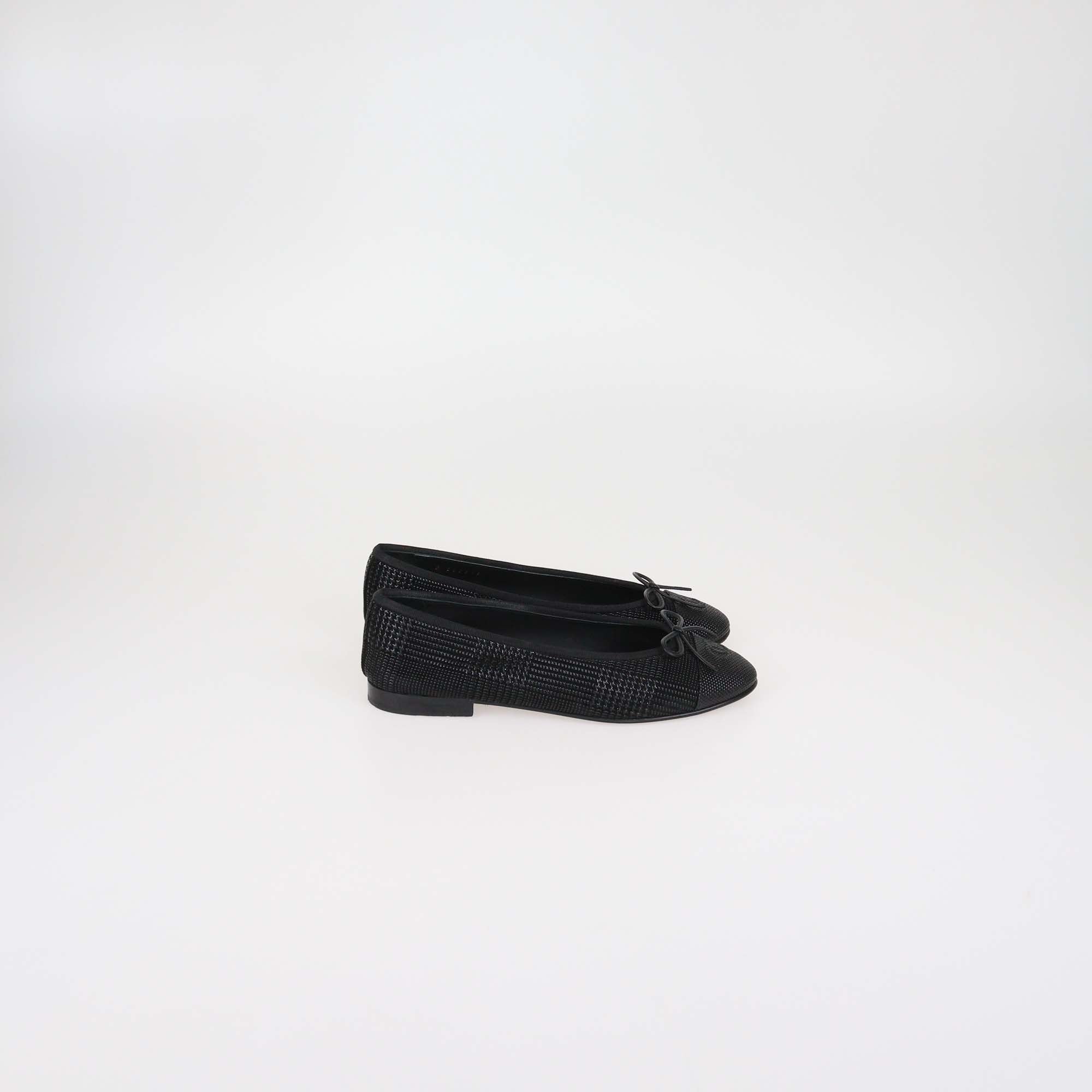 Chanel Black Textured Suede CC Cap Toe Ballet Flats