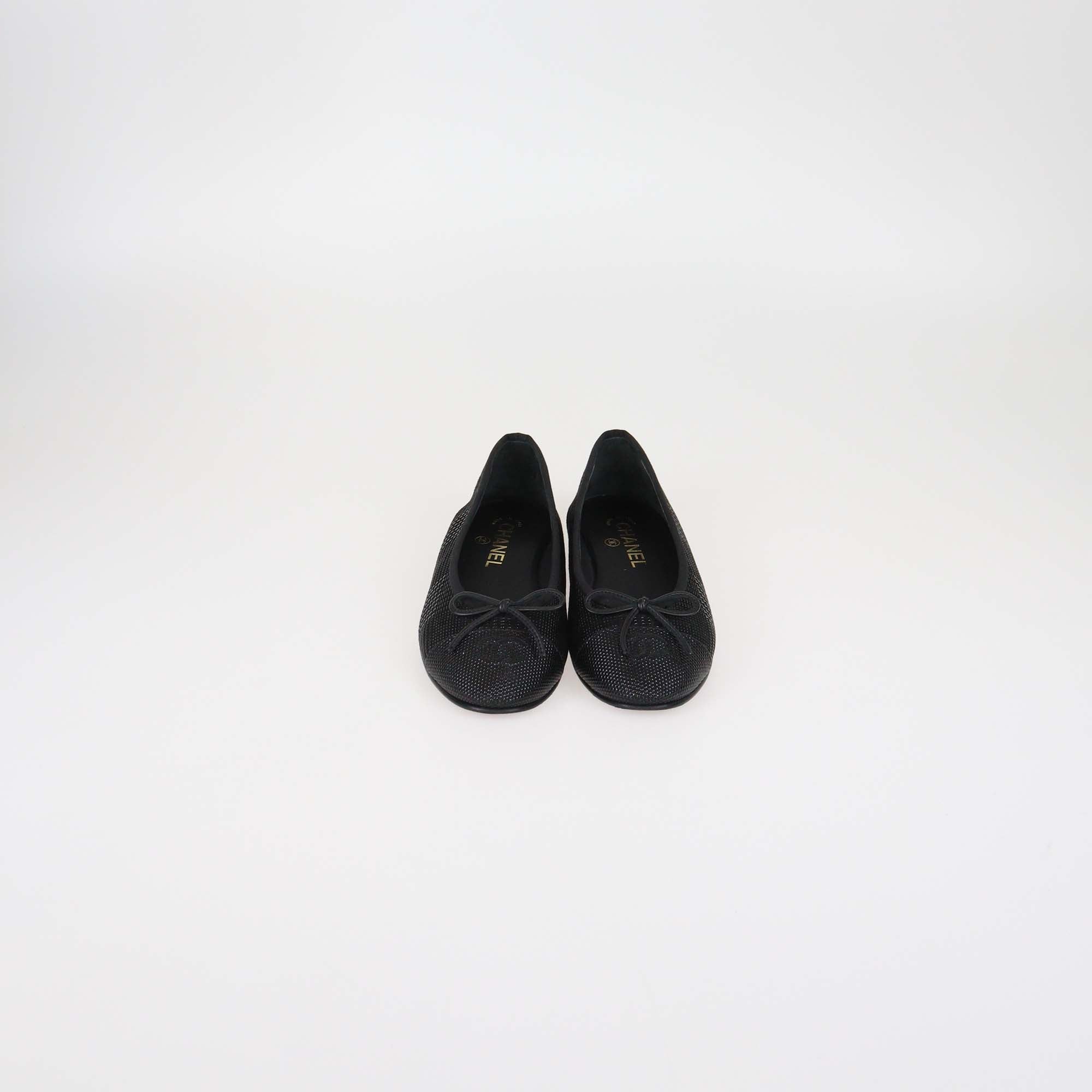 Chanel Black Textured Suede CC Cap Toe Ballet Flats