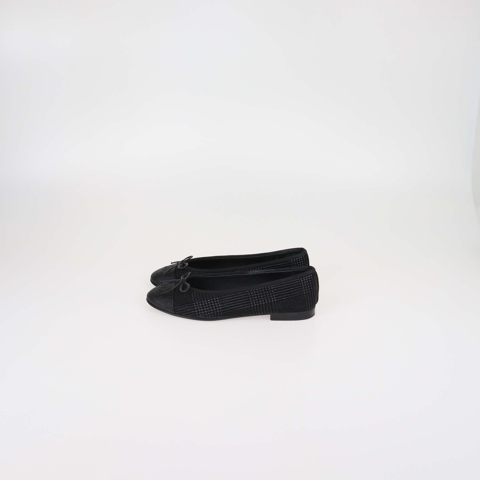 Chanel Black Textured Suede CC Cap Toe Ballet Flats
