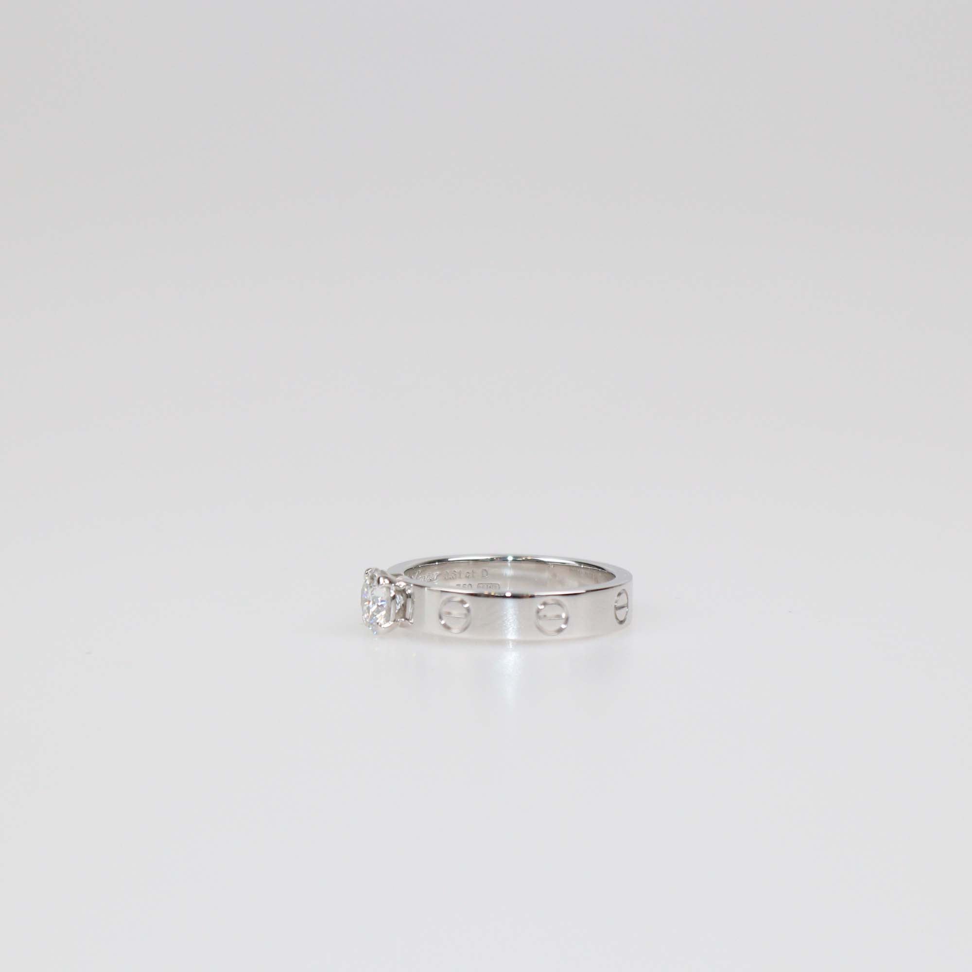 Cartier 18K White Gold Brilliant Cut Solitaire Diamond Love Ring Size 54