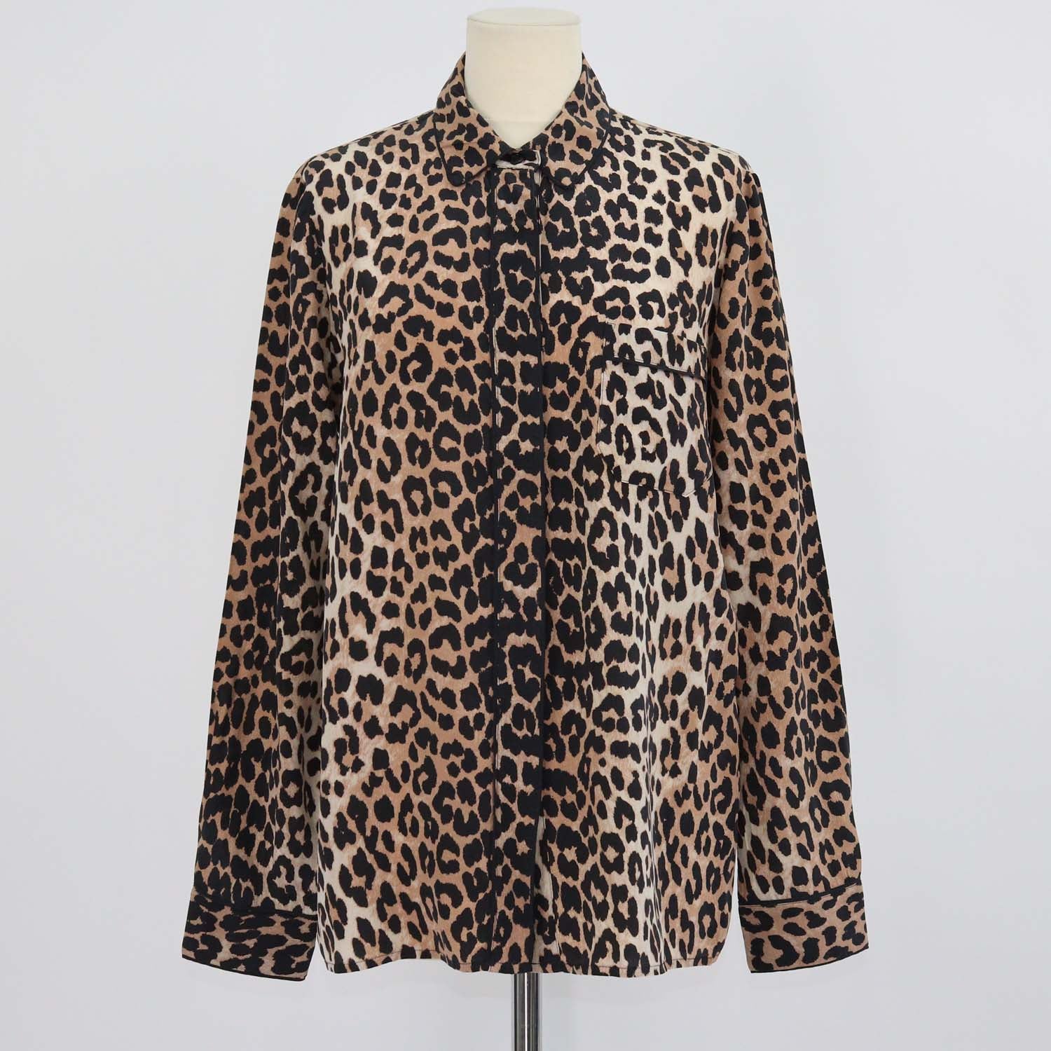 Ganni Brown Silk Leopard Print Long Sleeve Shirt