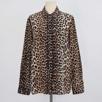 Ganni Brown Silk Leopard Print Long Sleeve Shirt