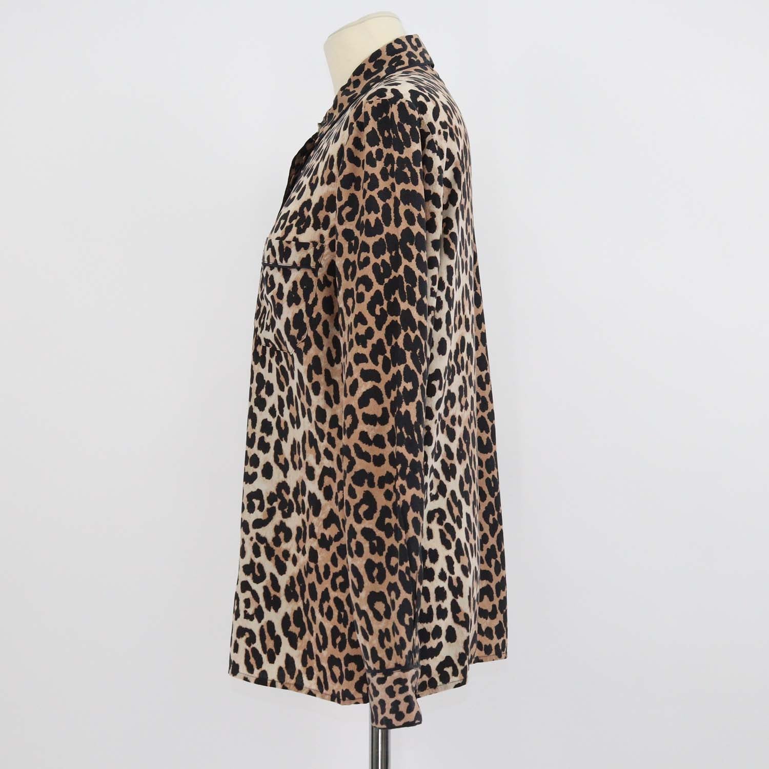 Ganni Brown Silk Leopard Print Long Sleeve Shirt