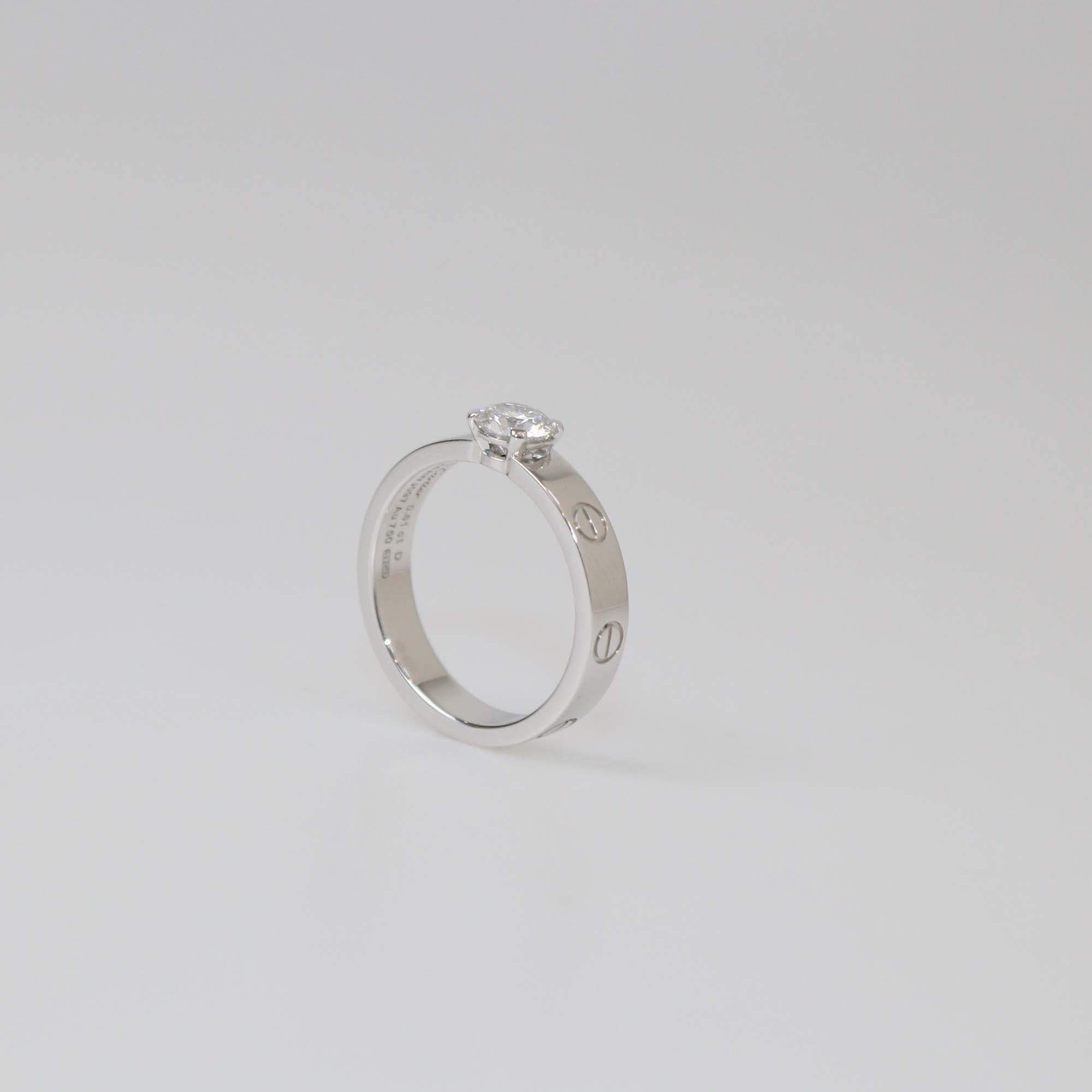 Cartier 18K White Gold Brilliant Cut Solitaire Diamond Love Ring Size 54
