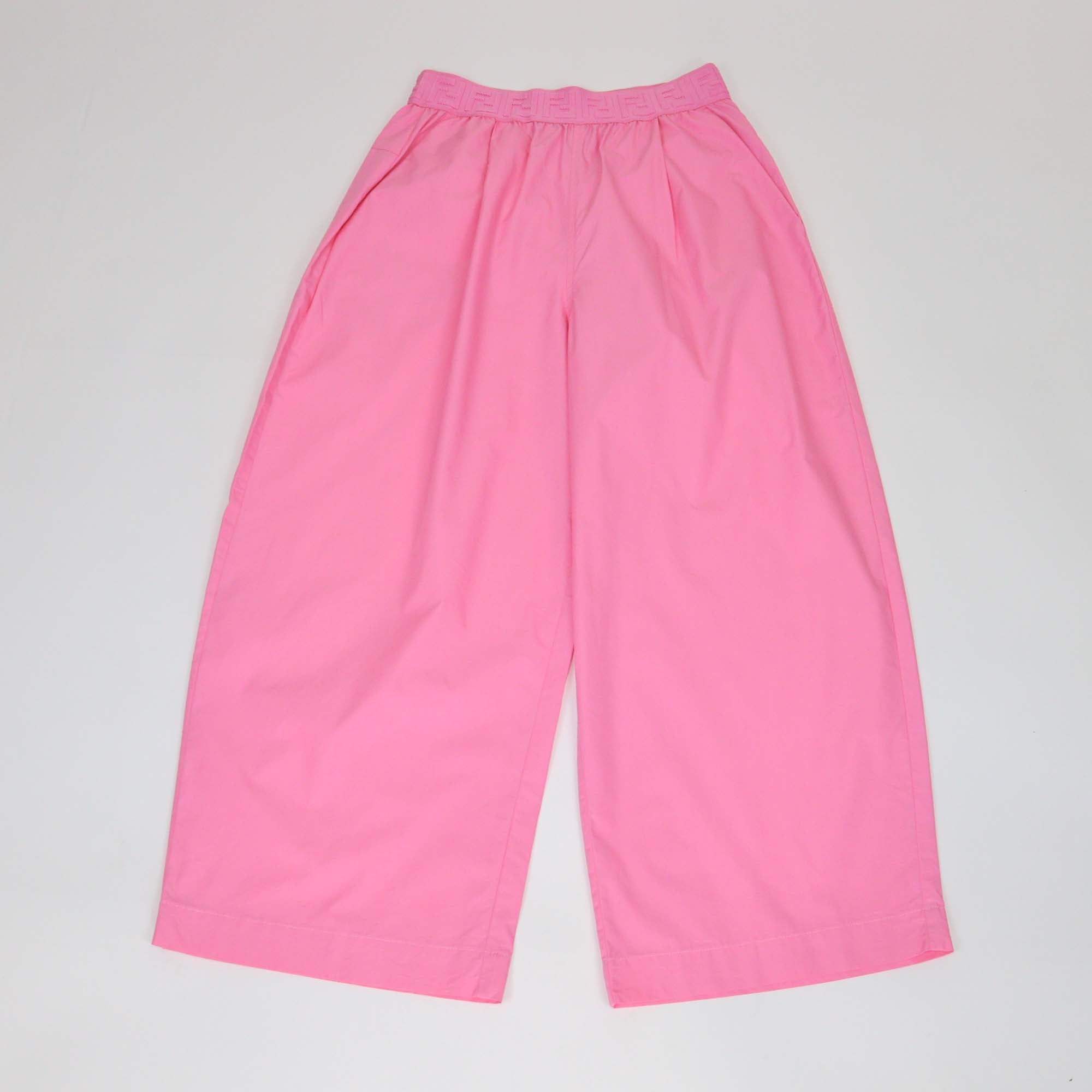 Fendi Kids Pink Blend Cotton FF Elastic Waist Wide Leg Pants