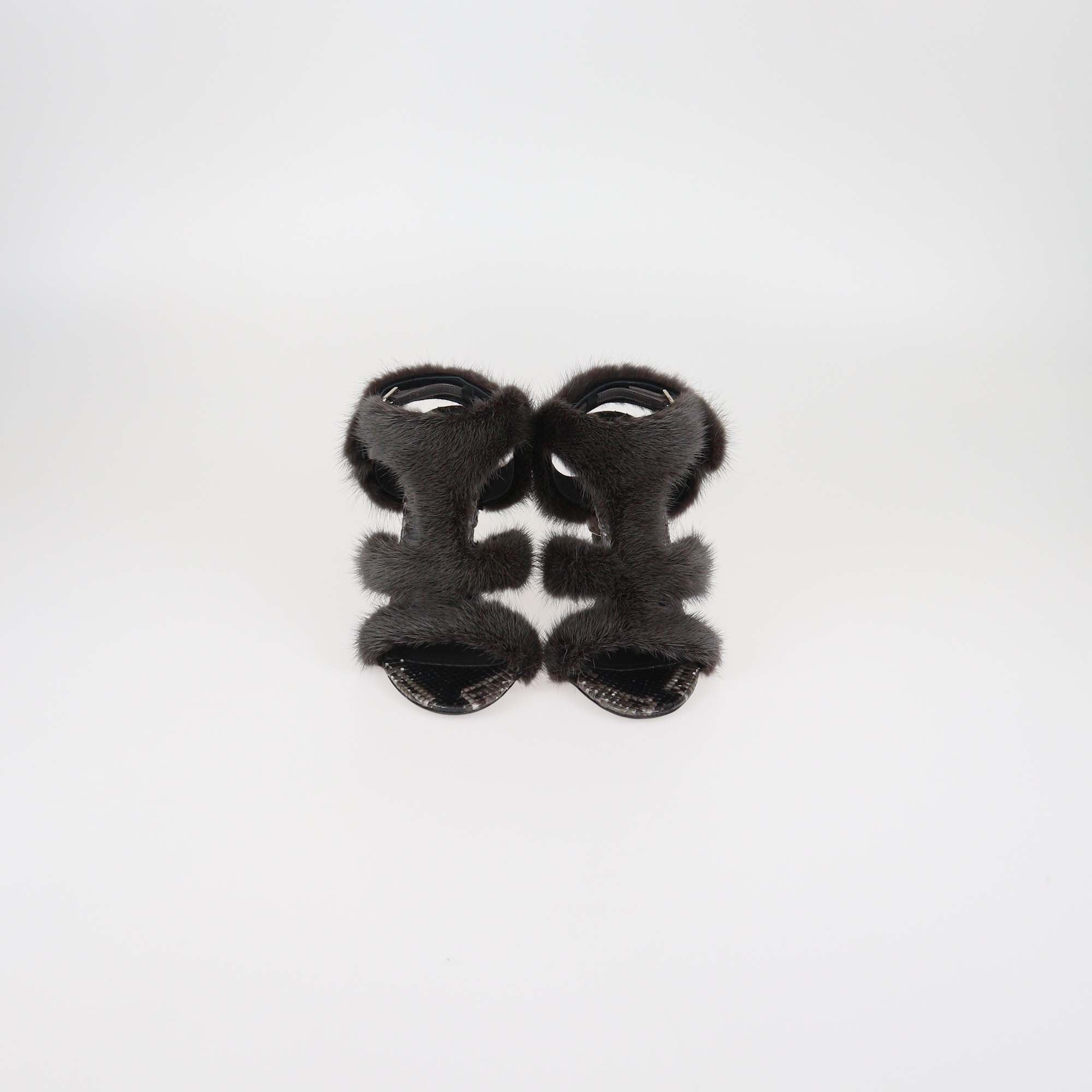 Salvatore Ferragamo Grey Fur & Python Ankle Strap Sandals