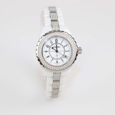 Chanel White Ceramic Stainless Steel Diamond J12 H1420 Women's Wristwatch 33 mm